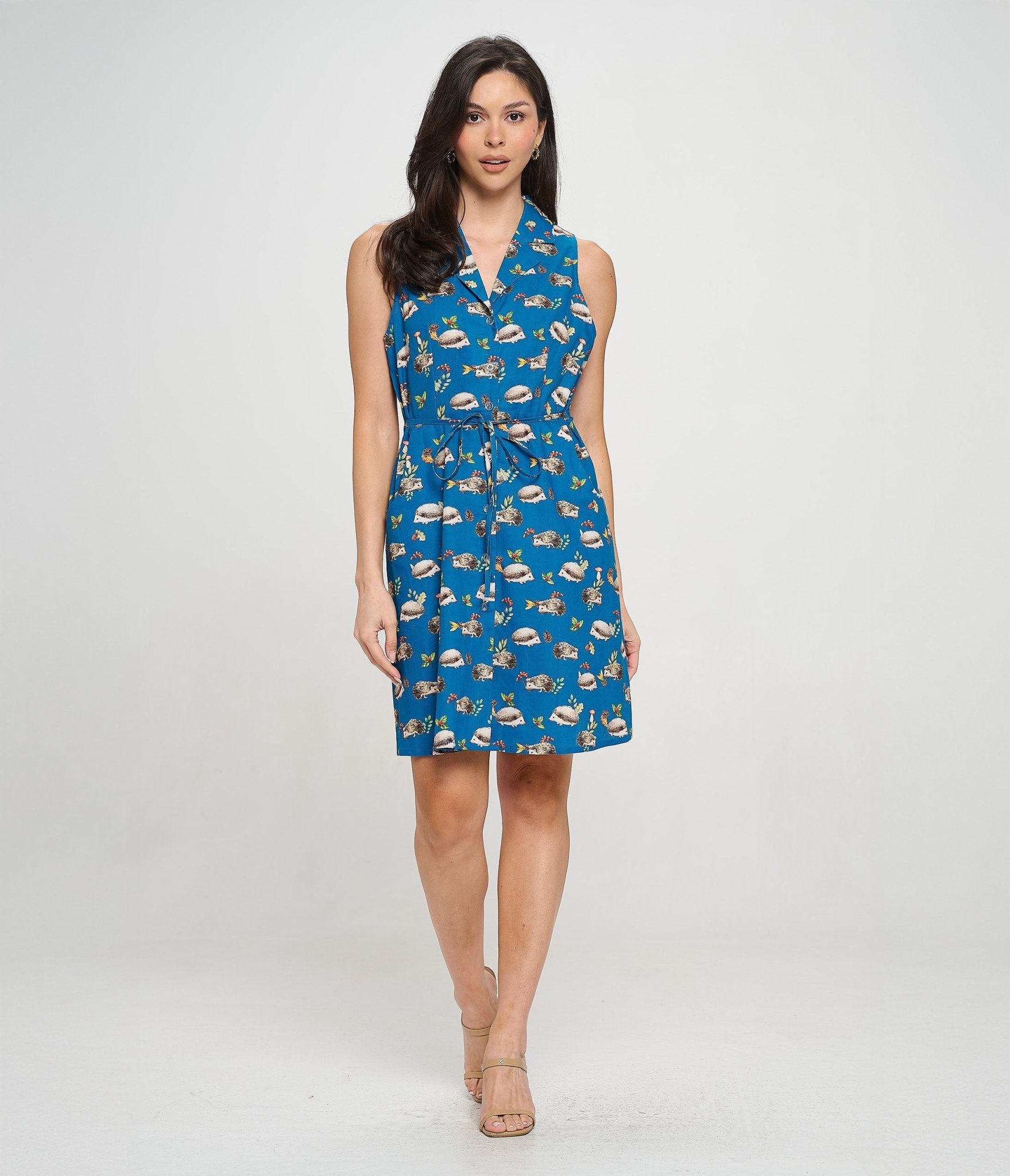 Blue Hedgehog Mushroom Berry Print Cotton Fit & Flare Dress - Women's Vintage Floral Summer Dress for Casual Outings, Picnics & Boho Style