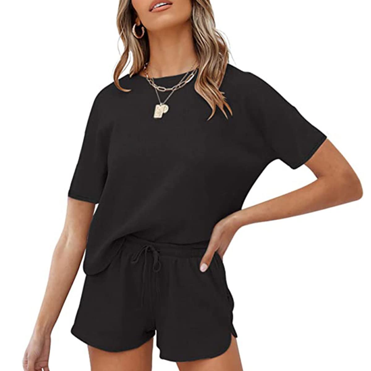 Women's Short Sleeve Waffle Pajama Set - 2 Piece Lounge Outfit with Pockets | Cozy Sleepwear & Loungewear for Home Relaxation & Vacation