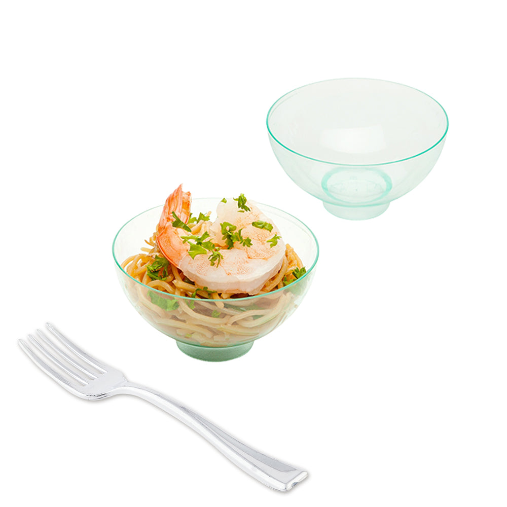 100 Pack 2 oz Round Seagreen Plastic Coppa Bowls with 100 Silver Mini Plastic Forks - Perfect for Party Appetizers, Desserts, and Small Bites