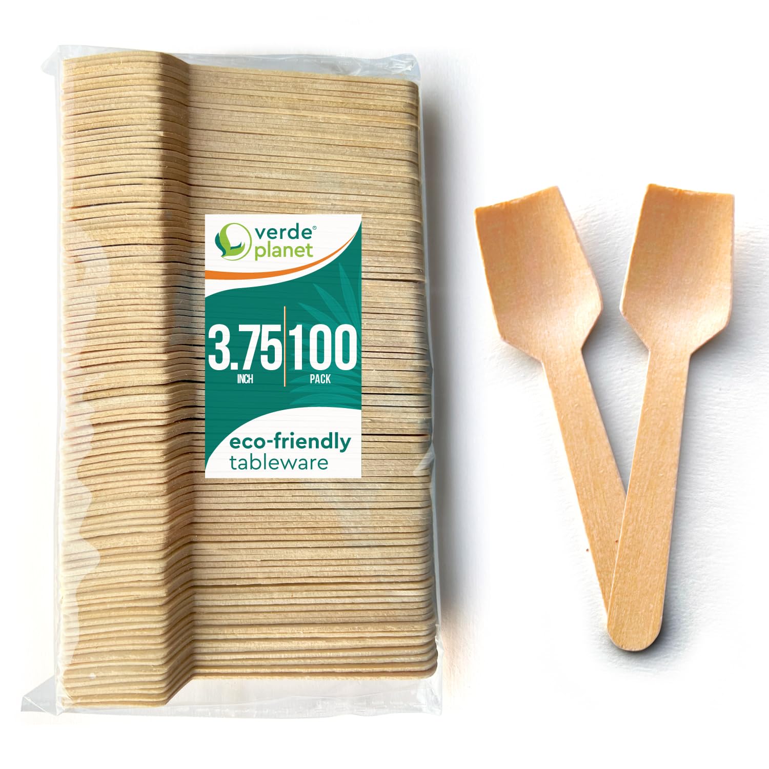 Verde Planet Birch Wooden Mini Spoons - 100 Count Disposable Compostable Tasting Spoons (3.75 Inches) - Biodegradable Eco-Friendly Dessert & Ice Cream Spoons for Parties, Catering, and Sampling Events