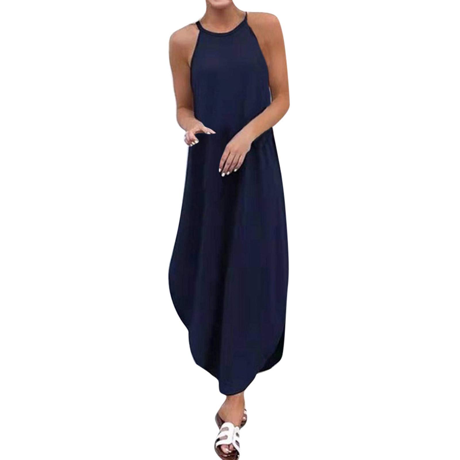 Elegant Round Neck Dovetail Summer Dress for Women - Solid Color Flowy Sling Dress - Perfect for Beach, Vacation, and Casual Outings