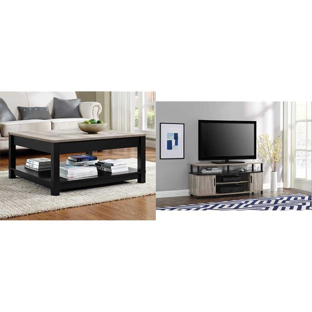 Ameriwood Home Carver Coffee Table Black & Carson TV Stand for 50 Inch TVs Sonoma Oak - Modern Living Room Furniture Set for Home Decor and Entertainment
