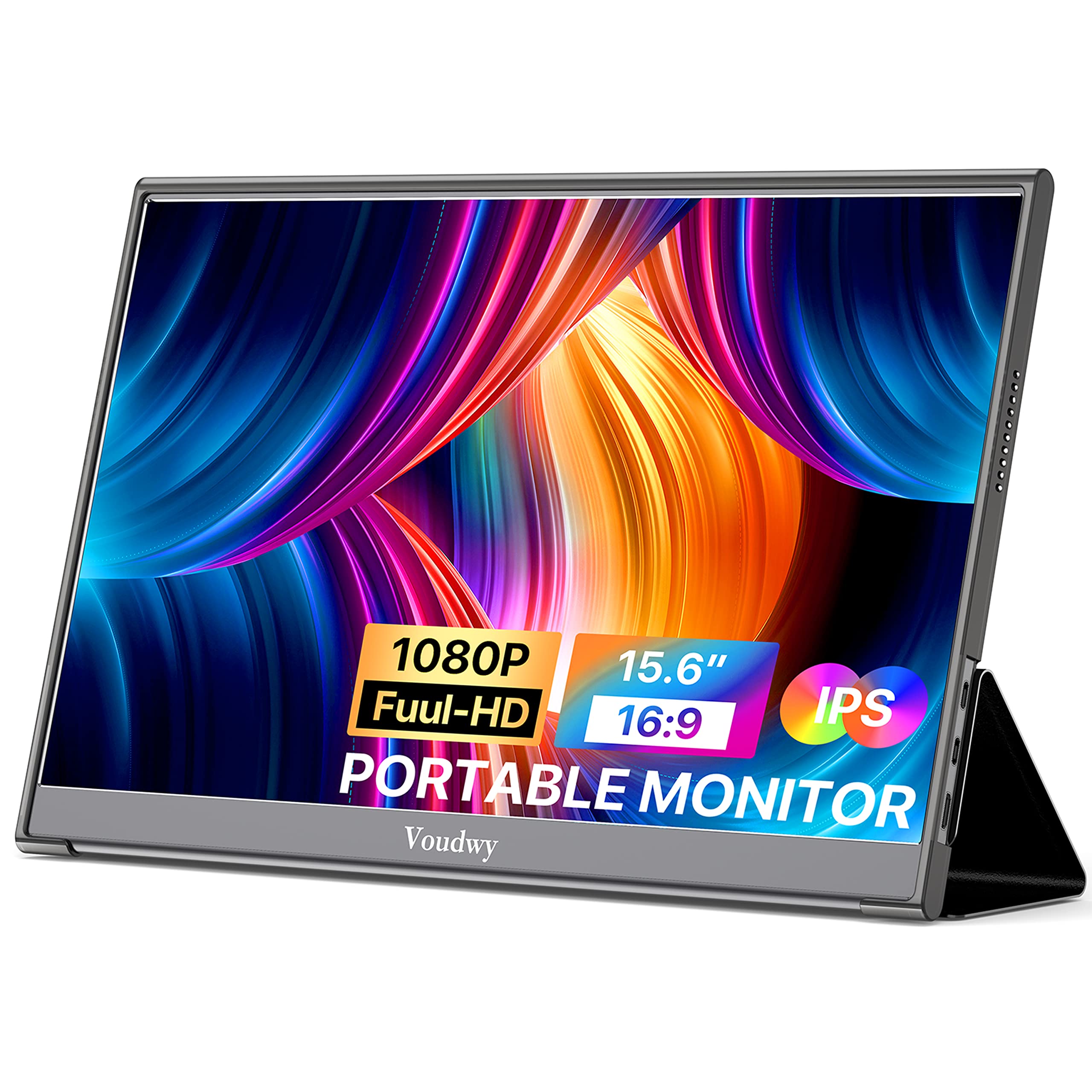 VOUDWY 15.6英寸便携显示器，1080P全高清IPS屏幕，带Type-C和Mini HDMI接口，内置扬声器，适用于笔记本电脑、Mac、Xbox、PS4，带保护套，适合办公、游戏、娱乐