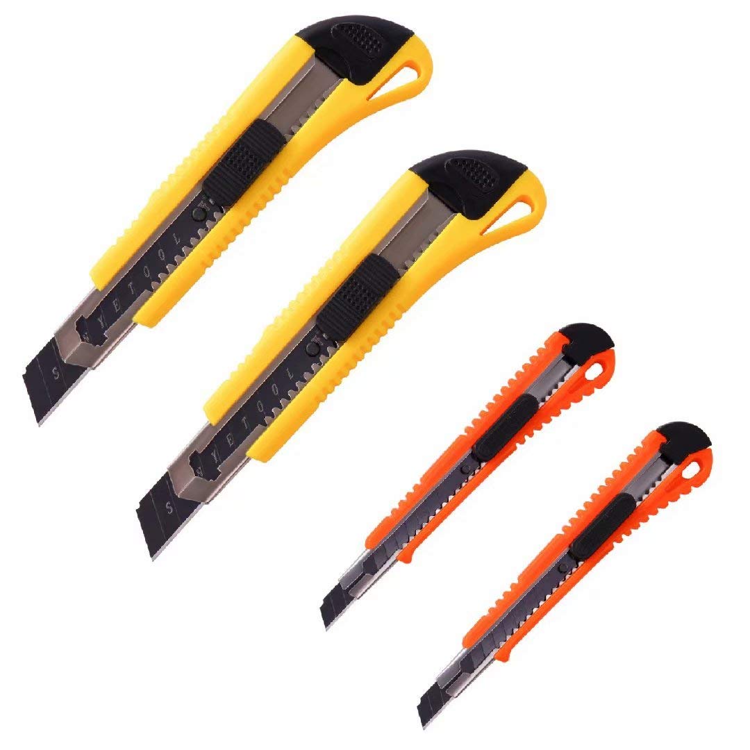 Ultra Sharp Zog Utility Knife with Retractable Black Blade - 2 Sizes & Colors Box Cutter Set (4-Pack: 2 Large + 2 Small) - Perfect for Office, Home, Crafting, Packaging & DIY Projects