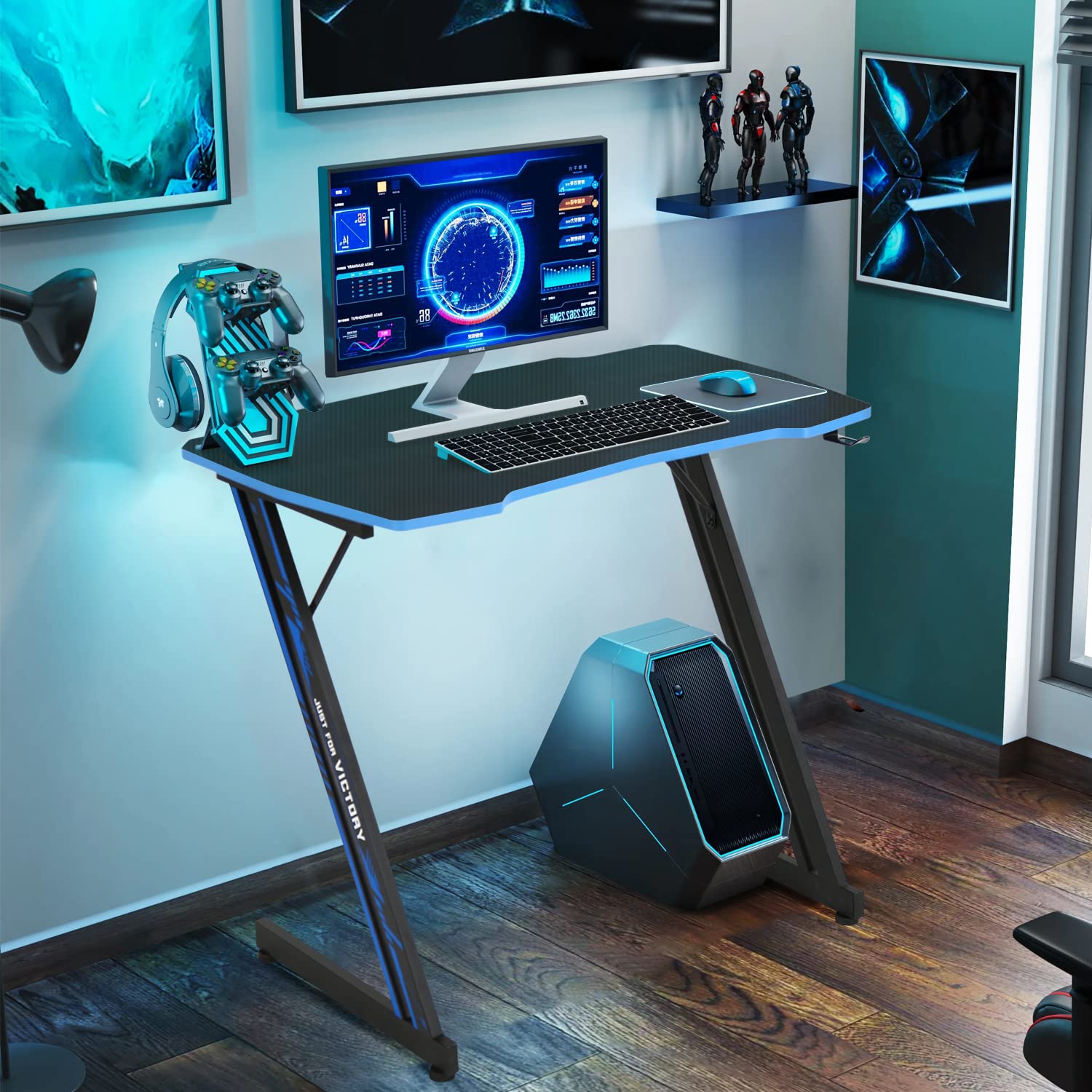 35 Inch Z-Shaped Gaming Computer Desk with Carbon Fiber Surface & Headphone Hook - Sturdy PC Gaming Table for Small Spaces, Easy Assembly Black - Perfect for Home Office, Streaming Setup & Compact Gaming Stations