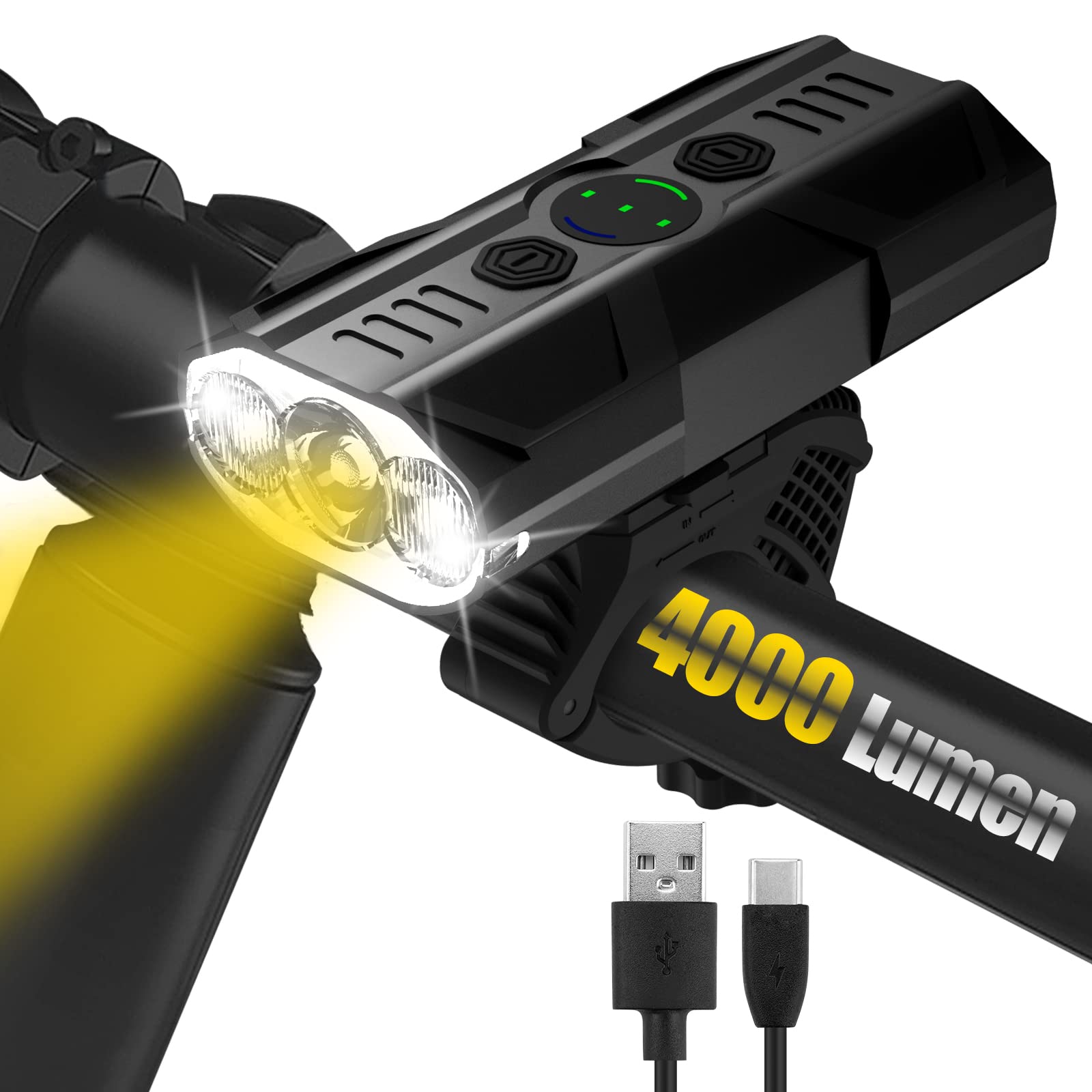 4000 Lumen Rechargeable Bike Light Set - Super Bright Waterproof Bicycle Headlight & Taillight for Night Riding | USB Power Bank Function | Perfect for MTB, Road Cycling & Commuting in Low Light Conditions