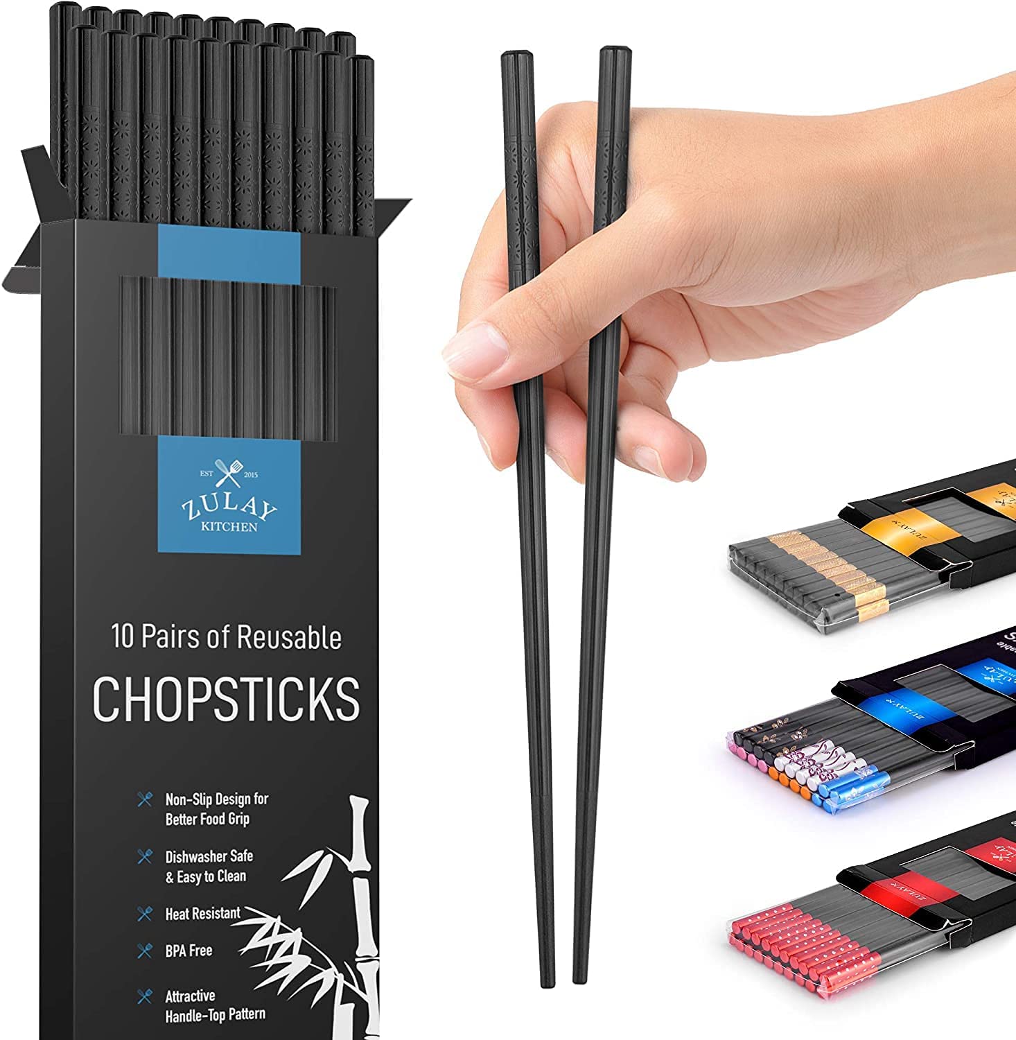 10 Pairs Fiberglass Japanese Chopsticks - Reusable & Durable Kitchen Utensils for Sushi, Ramen, Asian Dining & Home Cooking