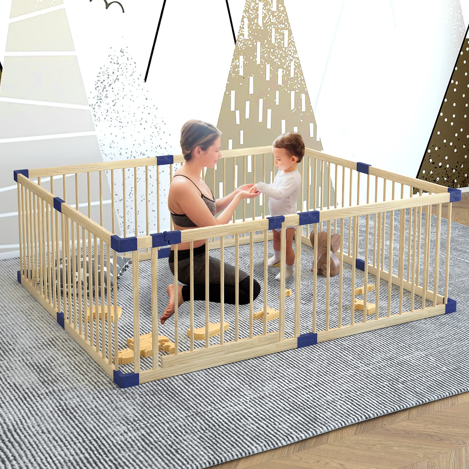 Extra Large Wooden Baby Playpen with Safety Gate - 78.7