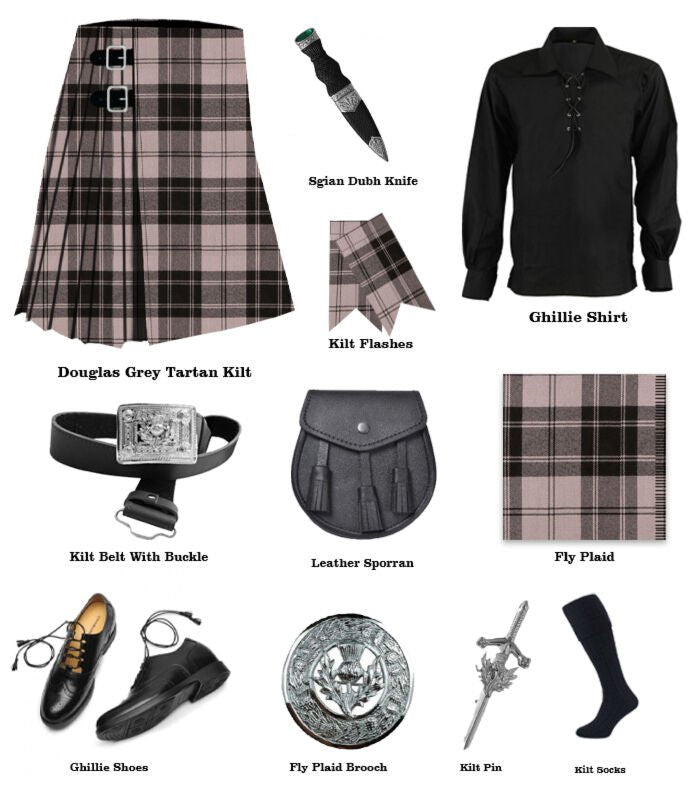 11-Piece Douglas Grey Tartan Kilt Outfit Set - Complete Scottish Highland Dress Costume for Men | Perfect for Weddings, Renaissance Fairs & Celtic Festivals