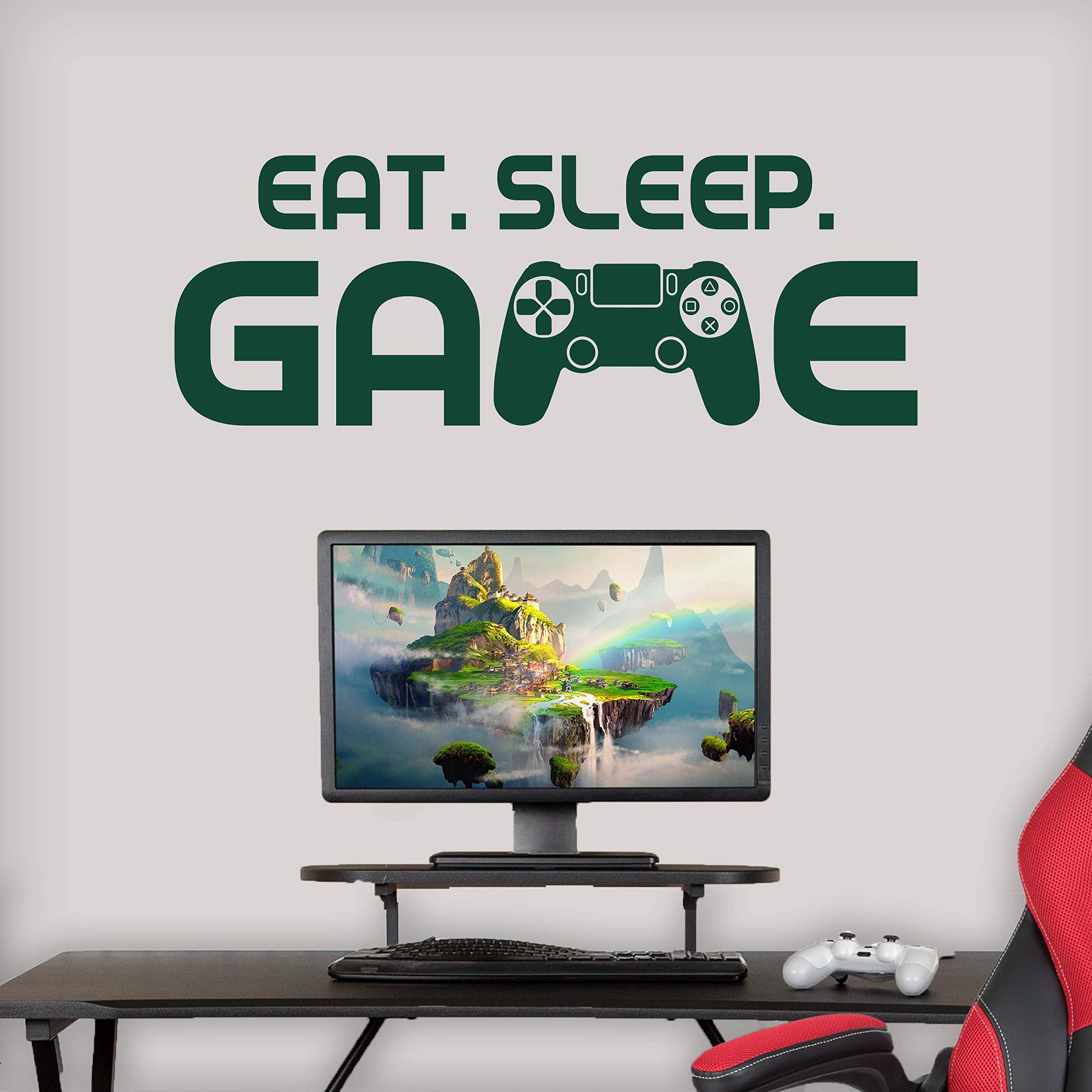 Vinyl Quote 'Eat Sleep Game' Wall Decal Stickers - Boys Gaming Room Decor & Video Game Themed Wall Art (22x8 Inches, Dark Green) - Perfect for Gamer Bedrooms, Man Caves, and Esports Setups