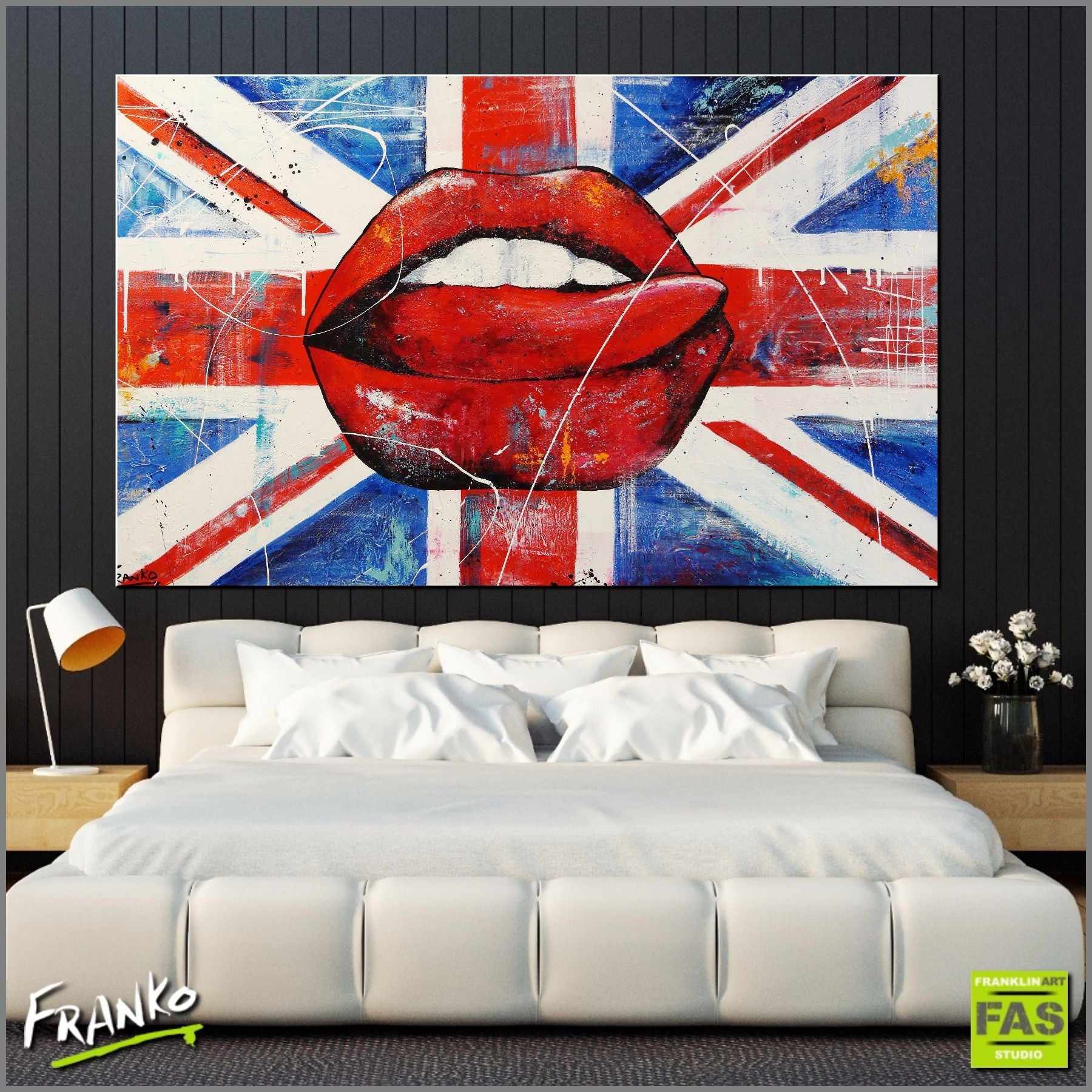 British Lips Pop Art Canvas Painting - 160cm x 100cm Large Wall Decor for Living Room, Bedroom & Office | Unique UK Inspired Modern Artwork