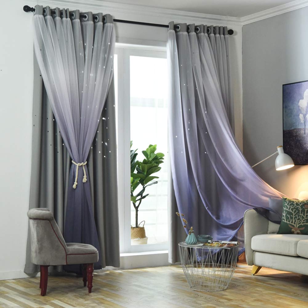 HUANPIN Blackout Curtains - Nordic Mediterranean Gradient Yarn Star Hollow Lace Window Drapes (Set of 2, Gray, 150x270cm) for Bedroom, Living Room & Home Theater Light Blocking