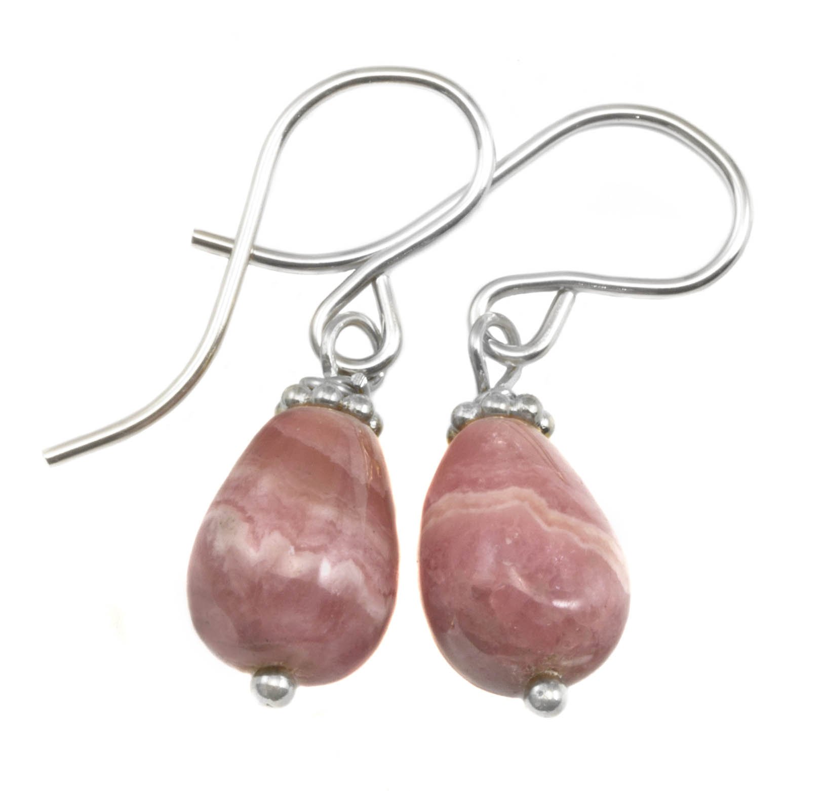 Sterling Silver Rhodochrosite Teardrop Earrings - Pink Gemstone Dangle Earrings with Silvertone Accents | Elegant Gift for Women, Perfect for Weddings, Date Nights & Special Occasions
