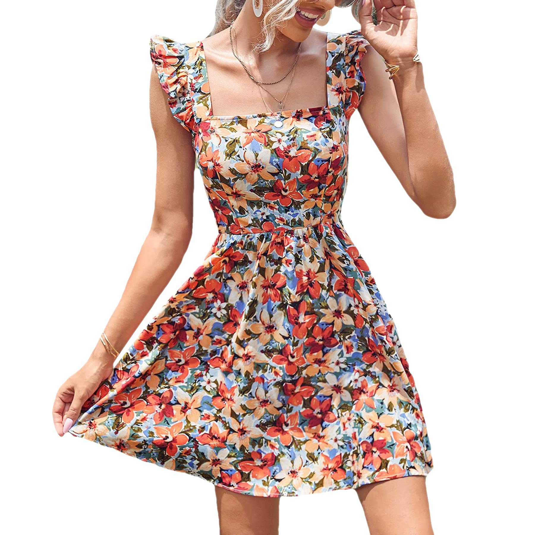 HDN Women's Cute Lace-Up Ruffle A-Line Flared Short Dress - Sleeveless Casual Flowy Summer Dress for Party, Date Night & Beach Outings