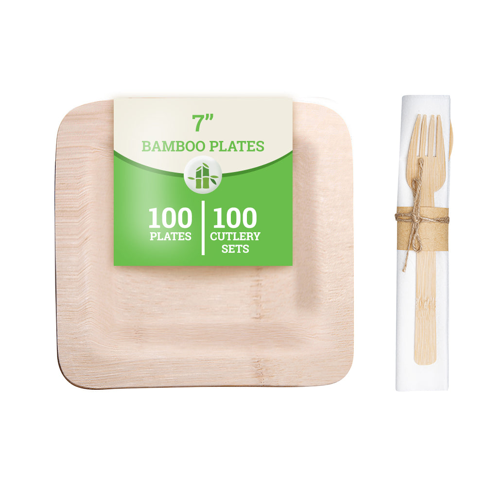 100% Natural Bamboo 7-Inch Square Veneer Plates & Disposable Flatware Set - 100 Plates + 100 Utensils | Eco-Friendly Dinnerware for Parties, Picnics, Weddings & Sustainable Living