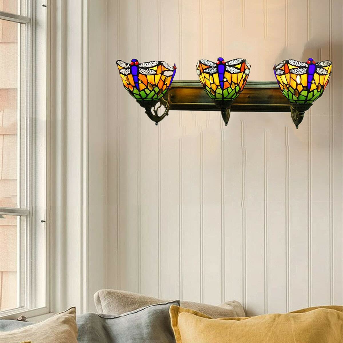 CNCEST 3-Light Vanity Light Fixtures - Stained Glass Lampshade with E27 Base - Bronze Finish Wall Sconce - Perfect for Bathroom, Bedroom, and Living Room Lighting