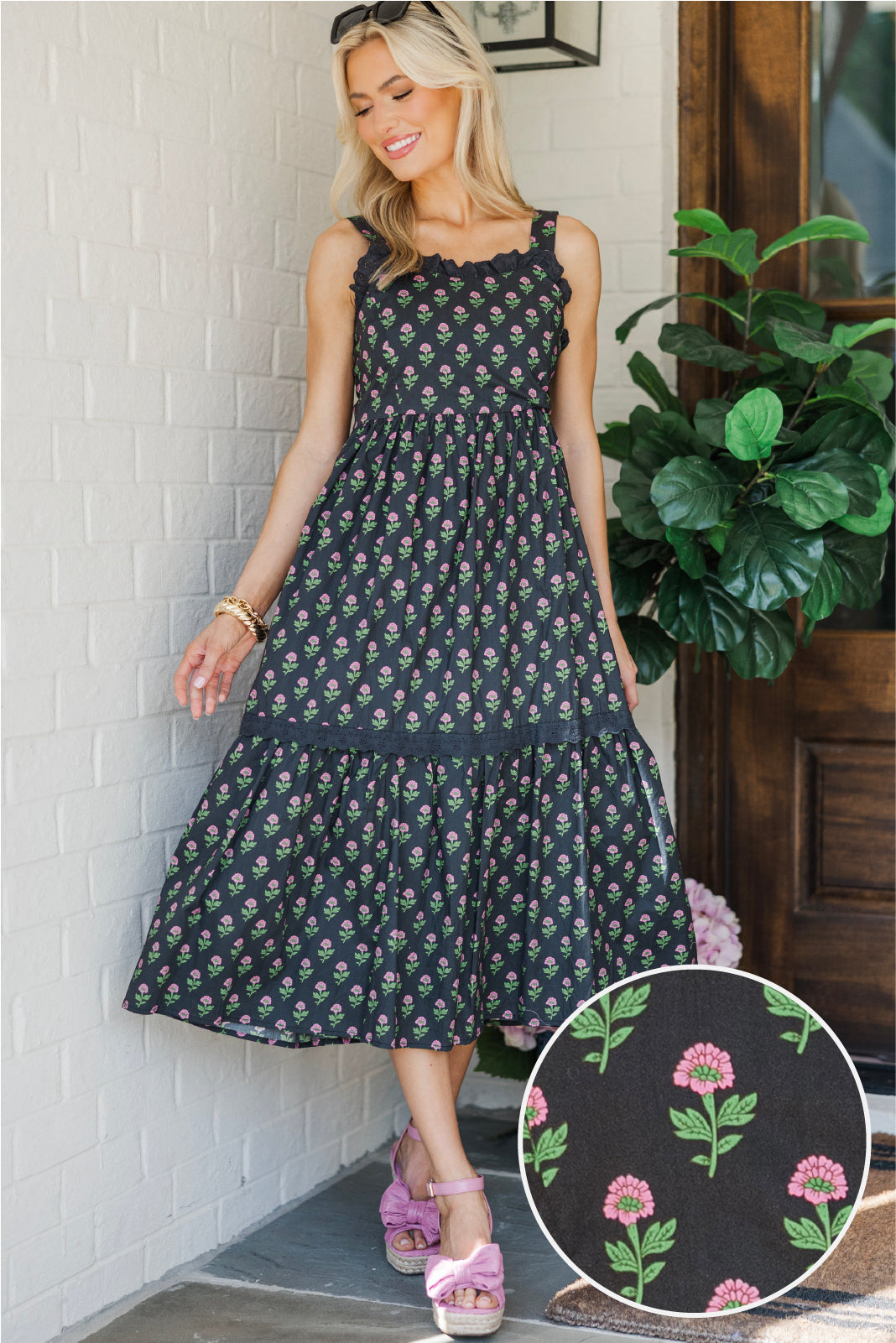 Stylish Black Floral Midi Dress for Women | Elegant Knee-Length Summer Dress | Perfect for Parties, Weddings & Date Nights