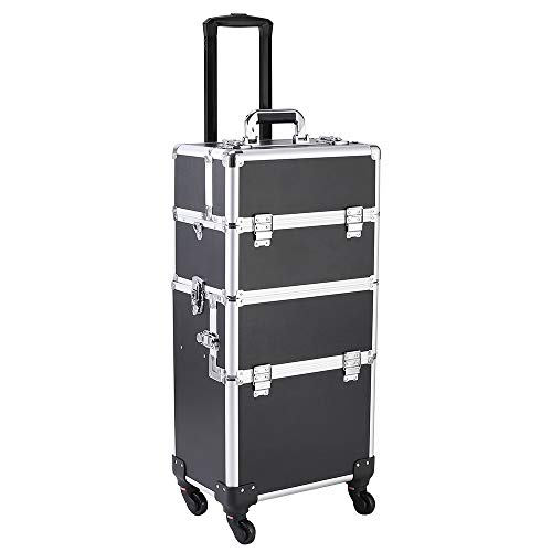 Professional 3-in-1 Rolling Makeup Train Case - Large Cosmetic Organizer with Wheels for Makeup Artists, Jewelry Storage & Beauty Tools (Black) | Perfect for Salon, Travel & Mobile Makeup Services