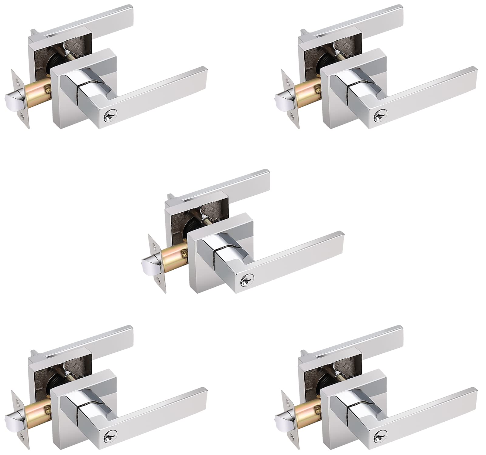 5 Pack Heavy Duty Entry Lever Door Handle Set - Polished Chrome Finish, Square Locking Lever with Key, Reversible for Right/Left Hand Doors - Ideal for Front Doors, Garages & Commercial Buildings