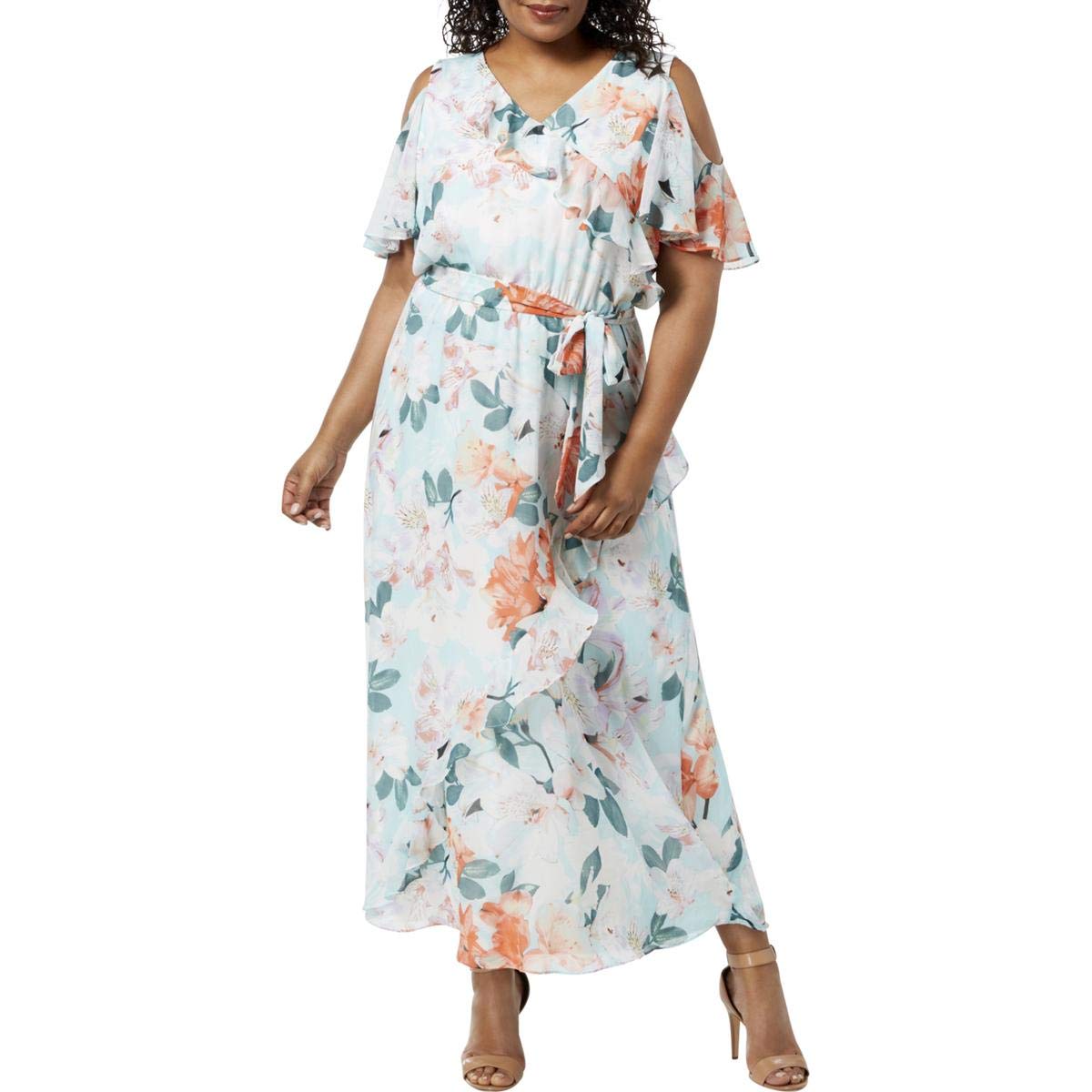 Calvin Klein Women's Plus Size Cold Shoulder Ruffle Maxi Dress - Elegant Flowy Long Dress for Casual Outings, Beach Vacations & Special Occasions