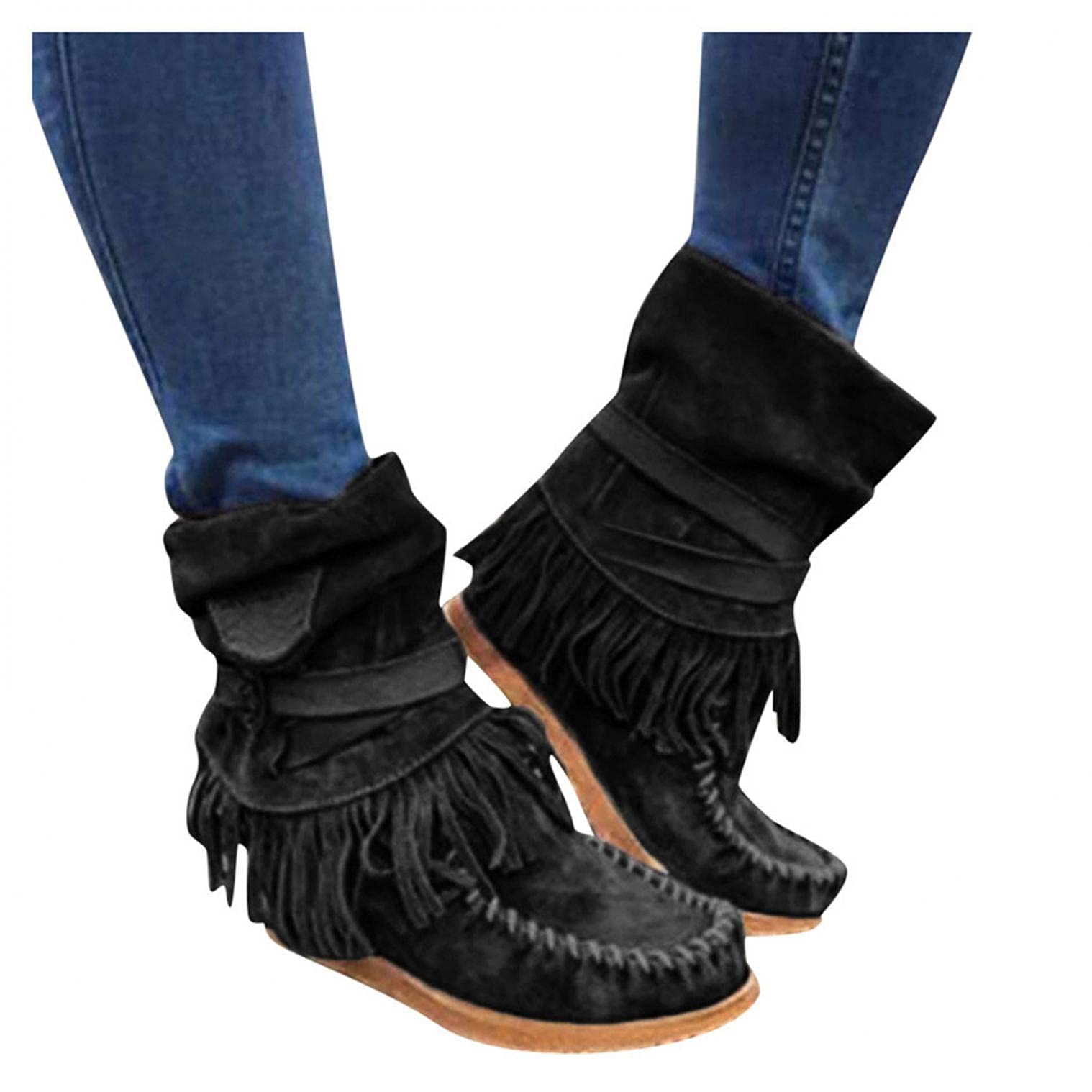 Vintage Embroidered Cowgirl Western Boots for Women - Square Toe Fringe Mid Calf Cowboy Boots - Perfect for Country Dancing, Rodeo Events & Western Fashion