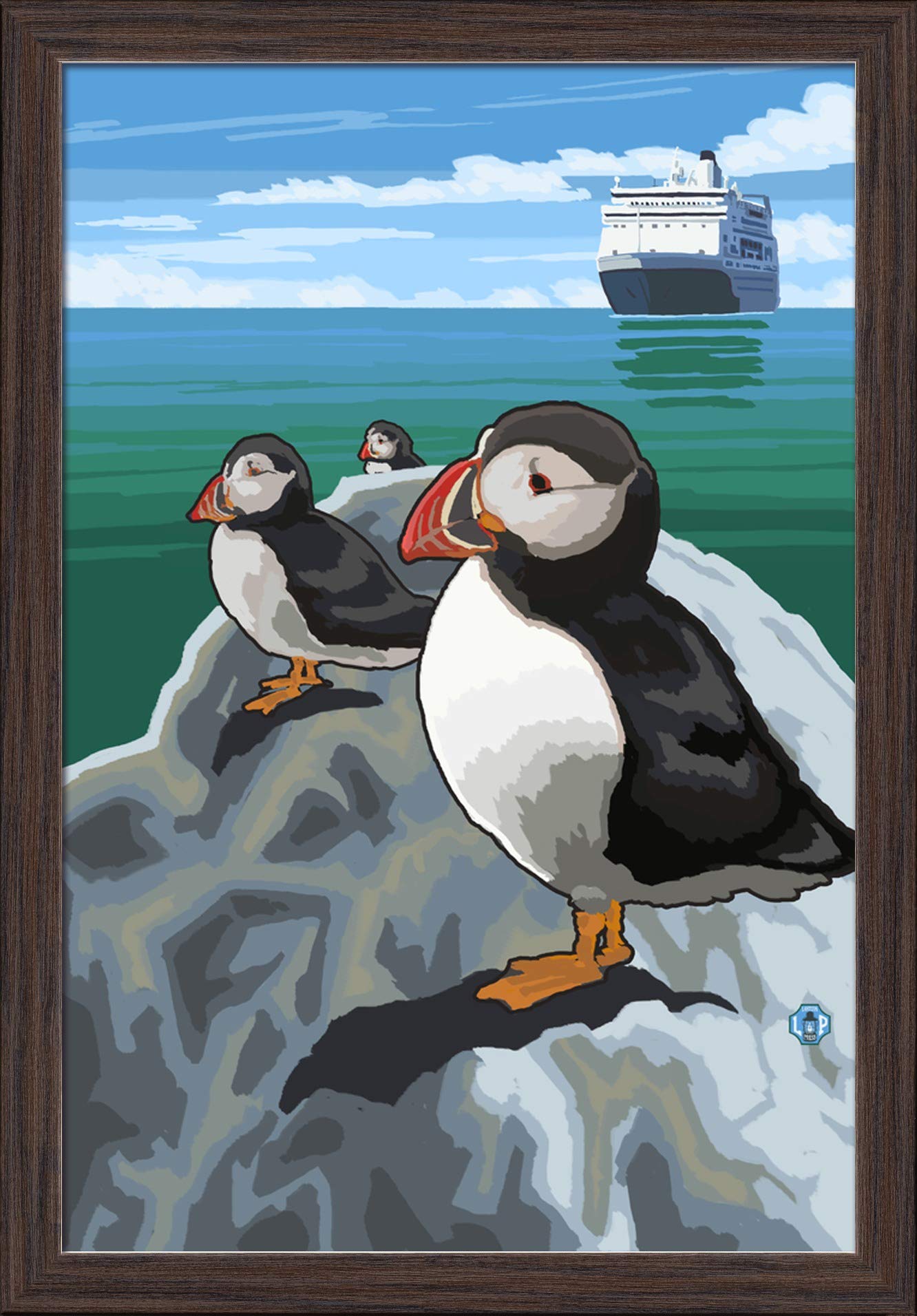 Puffin and Cruise Ship Pacific Fine Art Print - 16x24 Giclee on Recycled Wood Frame in Espresso Brown - Perfect for Coastal Home Decor & Nautical Themed Rooms