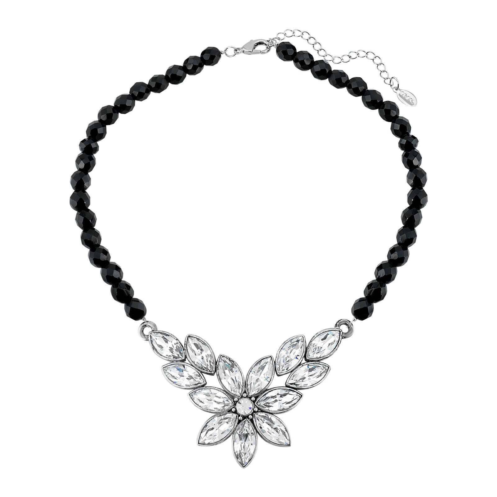 1928 Jewelry Austrian Crystal Flower & Black Glass Beaded Necklace - Adjustable 15-18 Inch Length | Elegant Vintage Necklace for Women, Perfect for Weddings, Parties & Special Occasions