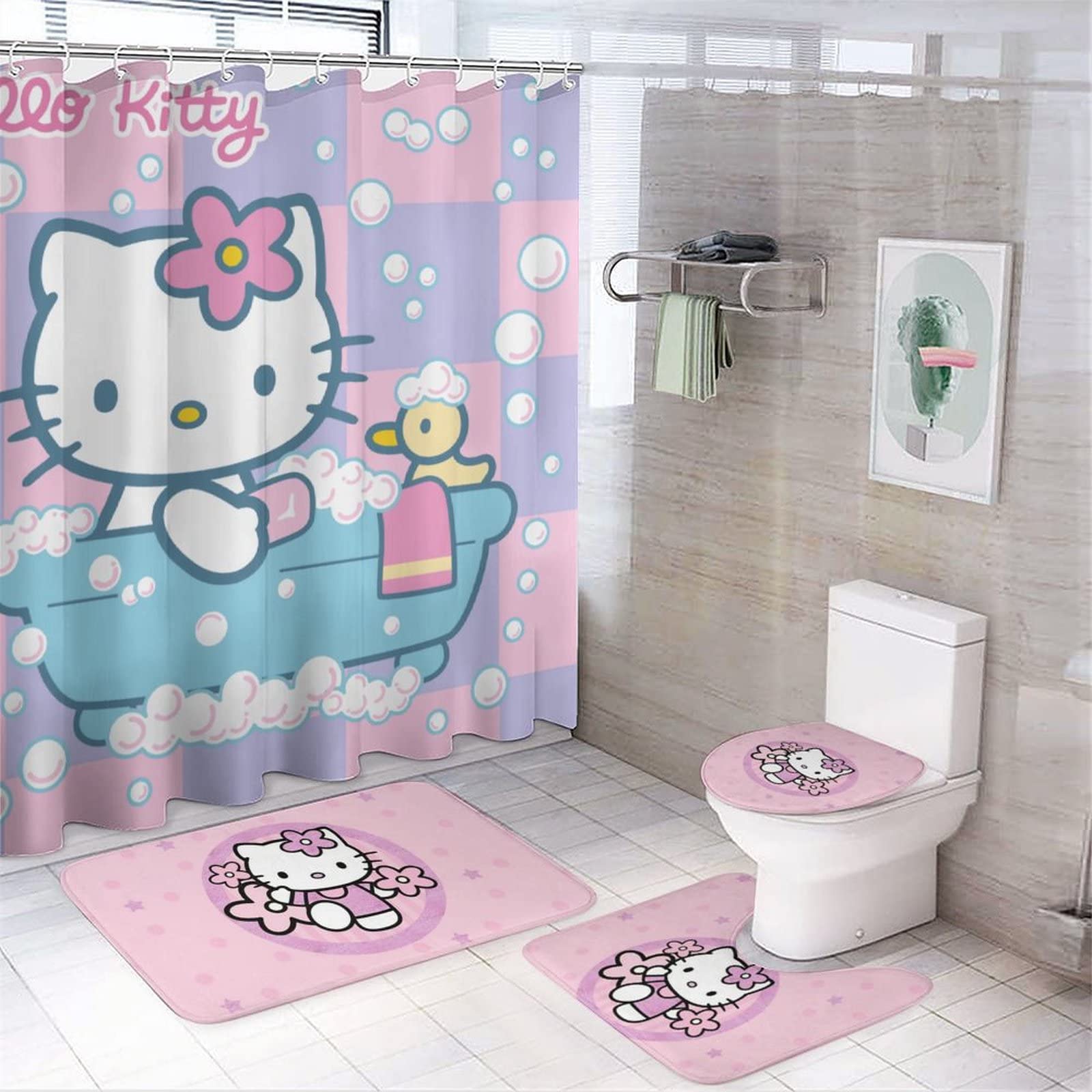 Anime Cat Bathroom Set - 4 Piece Shower Curtain, Bath Mat, Rug & Toilet Lid Cover | Cute Kawaii Bath Accessories for Anime Lovers | Perfect for Themed Bathroom Decor