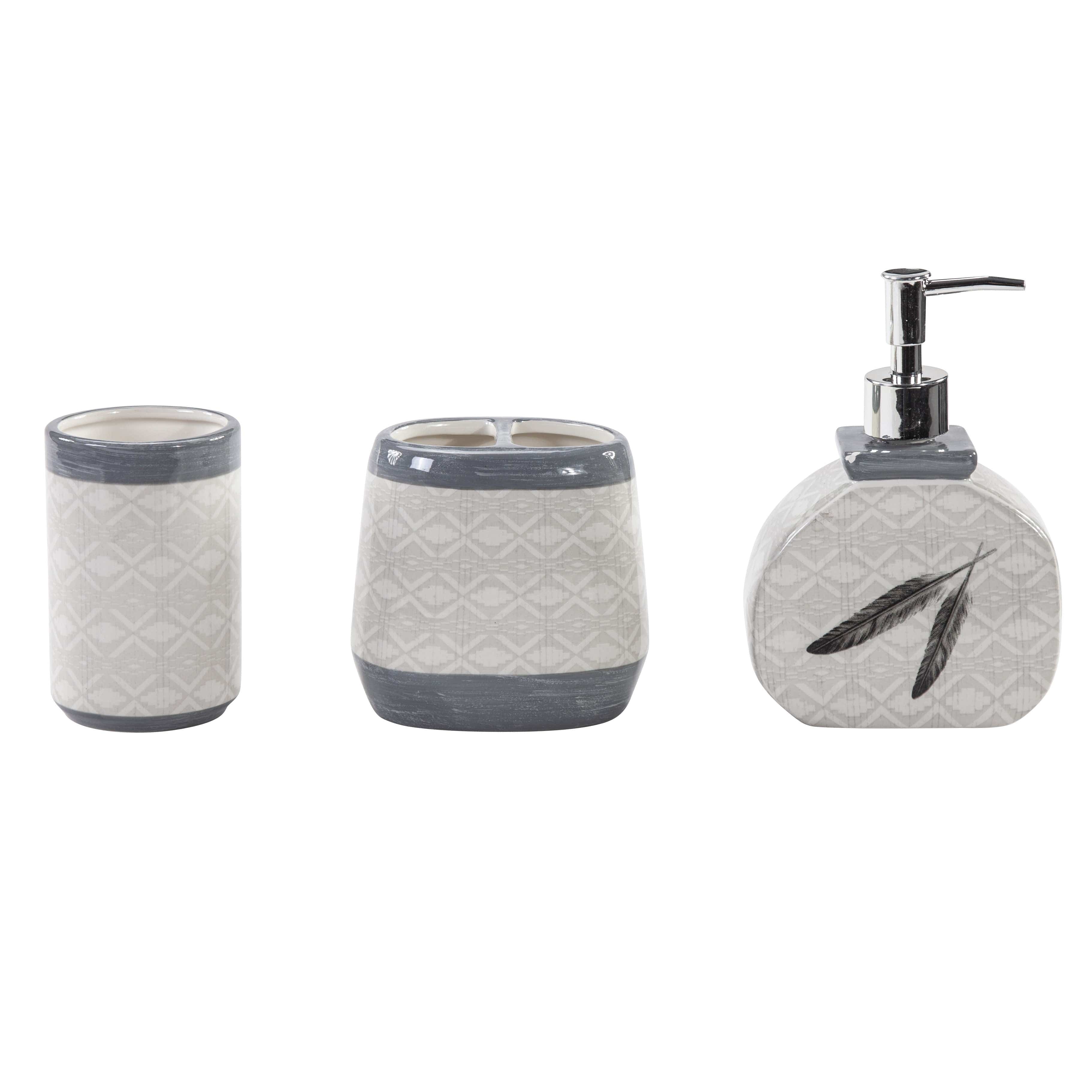Feather Design 3-Piece Bathroom Countertop Set - Soap Dispenser, Toothbrush Holder & Tray - Elegant Vanity Decor for Modern Homes