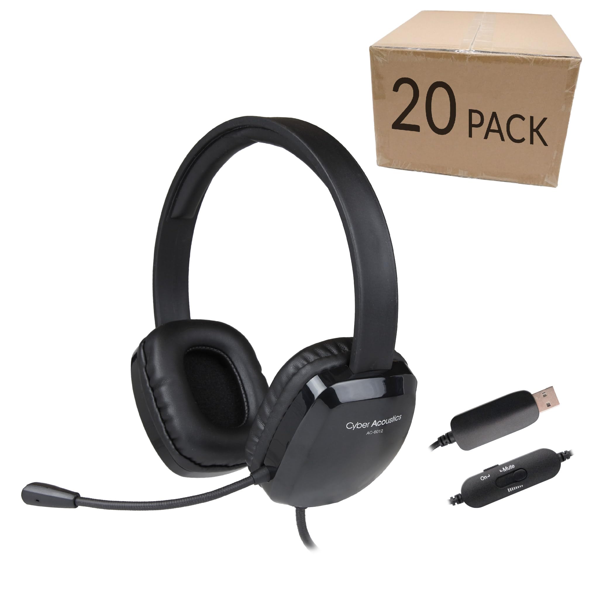 Cyber Acoustics Stereo USB Headset 20-Pack (AC-6012-20) - Noise-Cancelling Unidirectional Microphone with Flexible Boom Arm, In-Line Volume Control for PC, Mac, Laptop - Ideal for Online Classes, Remote Work, Call Centers & Gaming