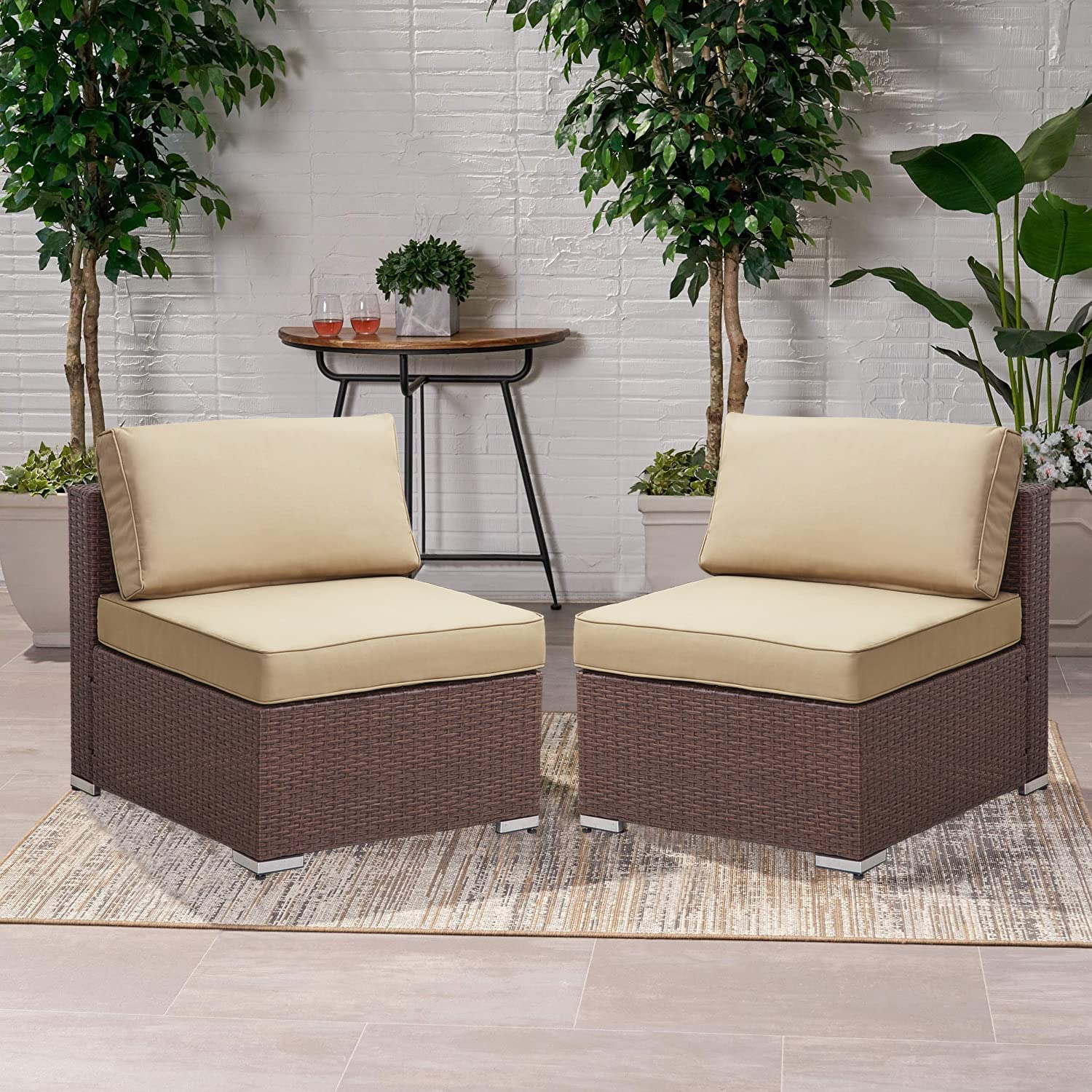 **Auzfy 2-Piece Outdoor Armless Sofa Set with Thick All-Weather Resistant Cushions - Beige Patio Wicker Sectional Couch for Garden, Poolside & Backyard Relaxation**