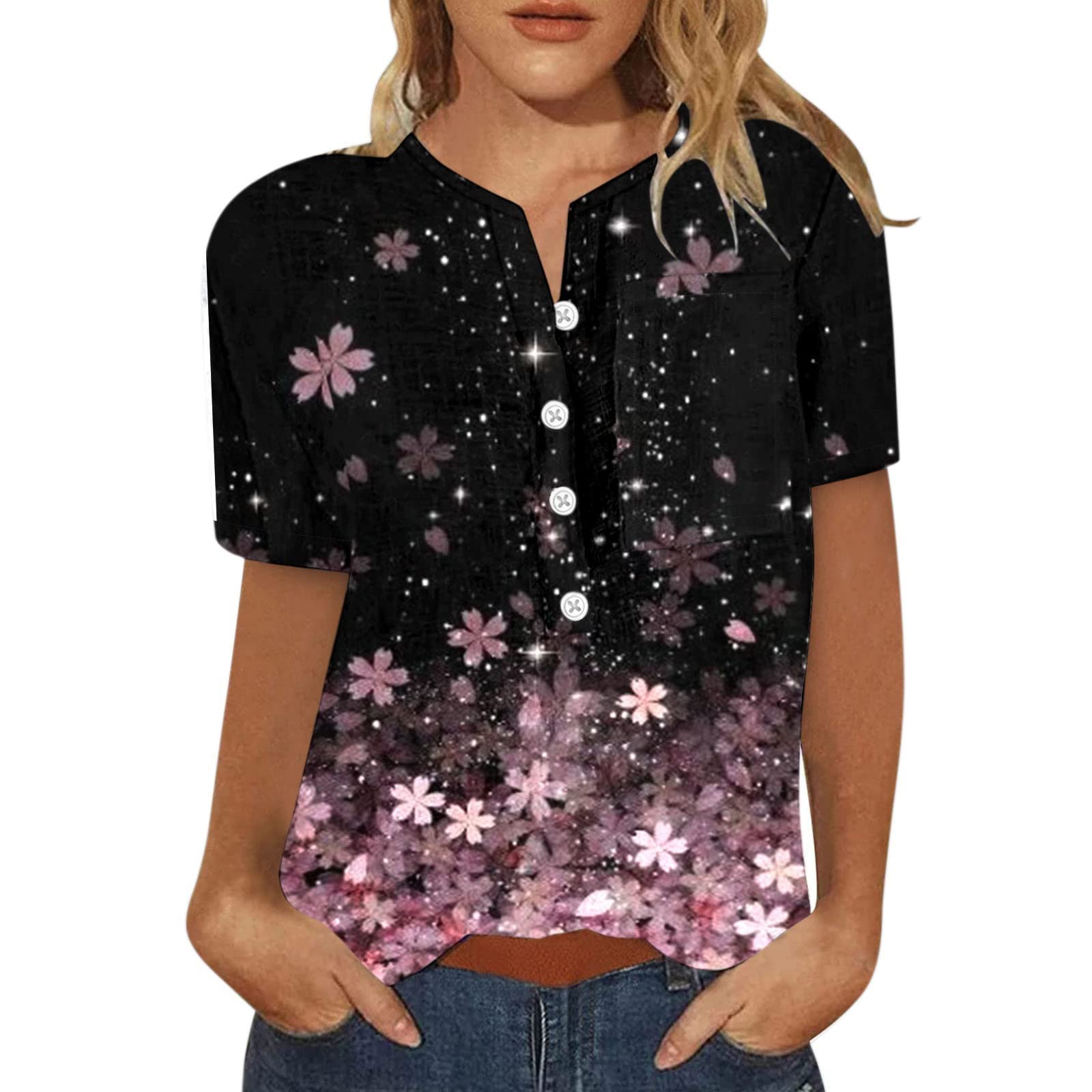 Women's Tie-Dye V-Neck T-Shirt with Pocket - Summer Casual Top for Outings