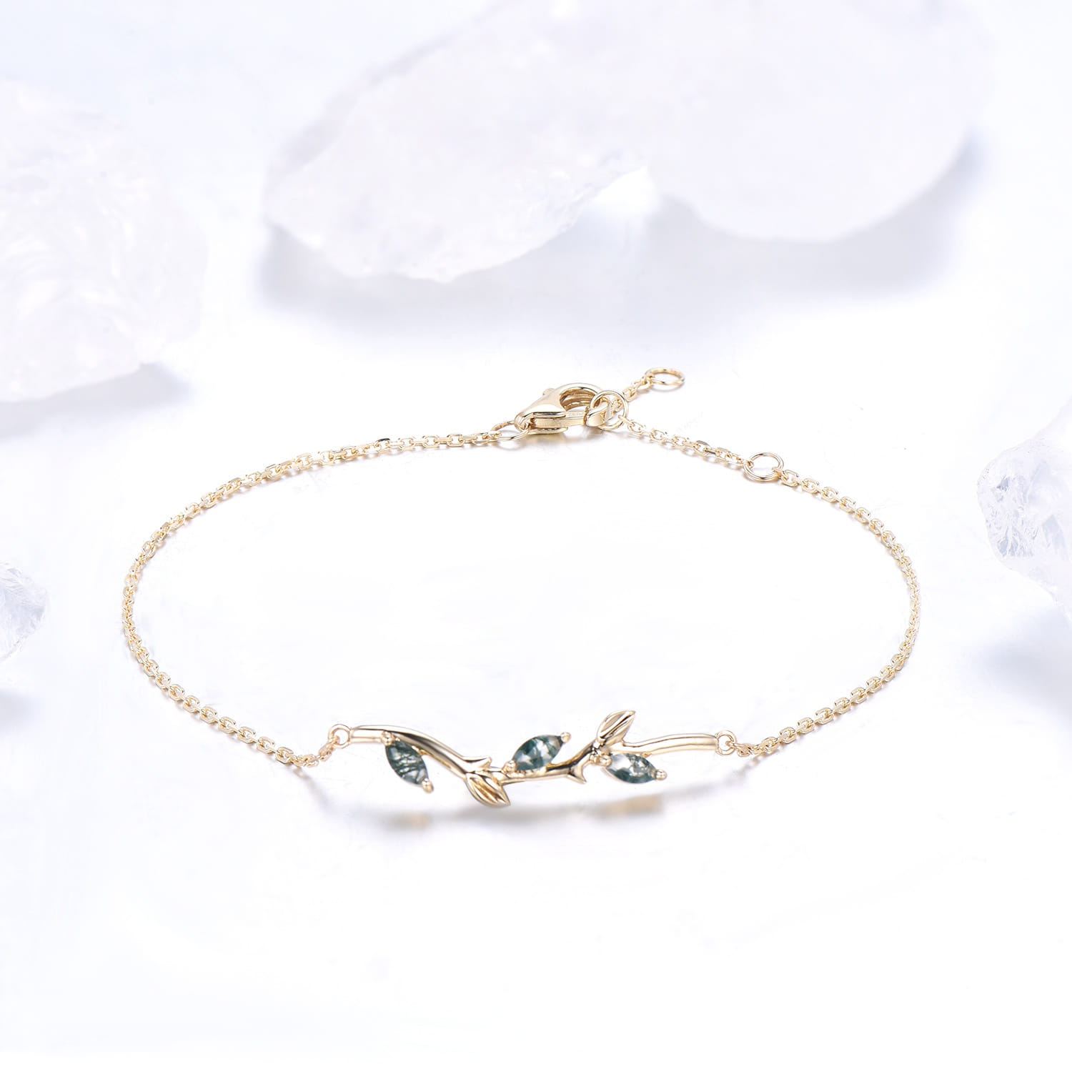 Elegant Marquise Cut Moss Agate Bracelet with Leaf Vine Design - Green Crystal Nature-Inspired Stackable Bracelet for Women | Perfect Anniversary Gift, Boho Jewelry for Everyday Wear & Special Occasions