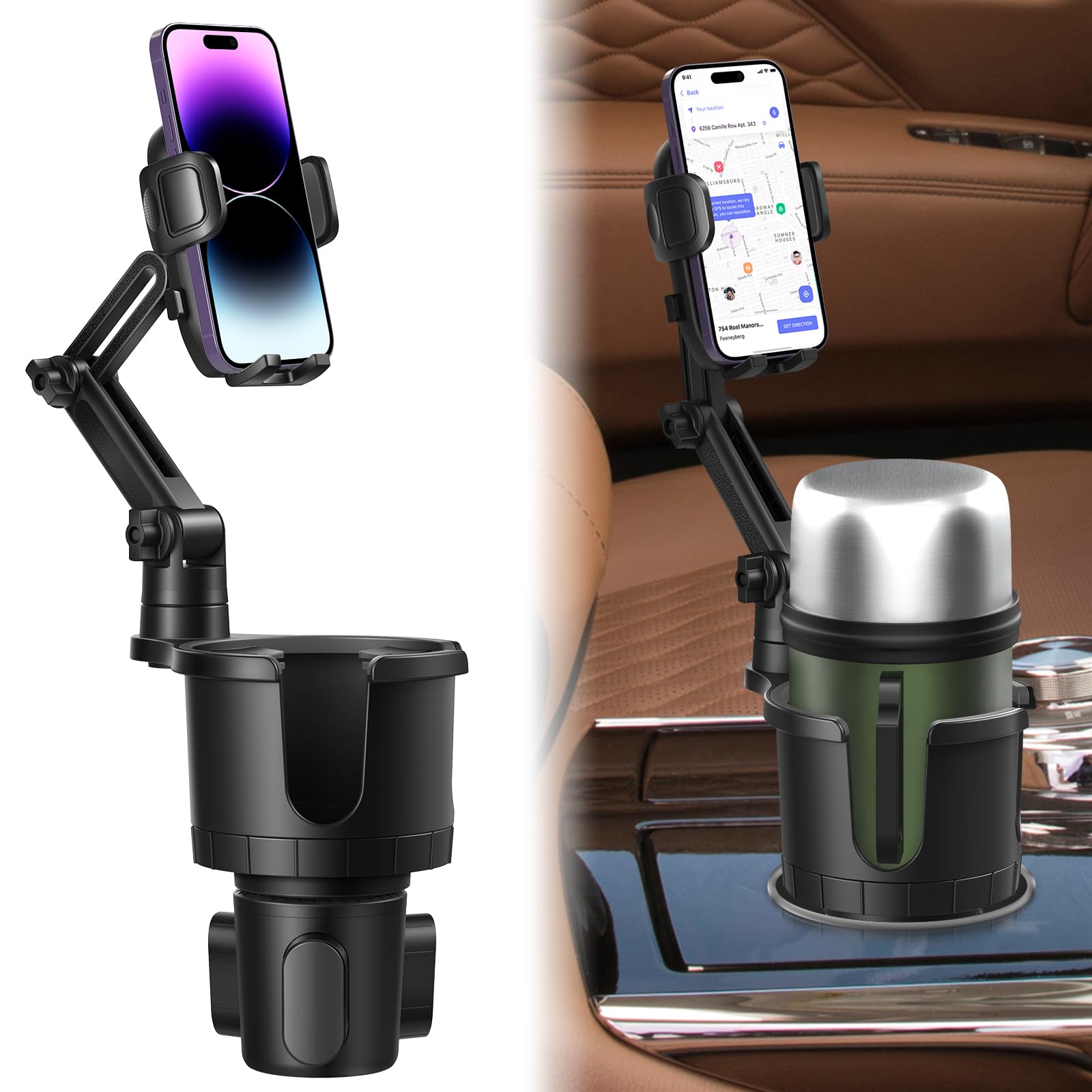 **Expandable Car Cup Holder Phone Mount - Universal Smartphone Holder for 10-40oz Bottles & Mugs | Secure Hands-Free Driving Accessory for iPhone, Samsung, Android | Perfect for Road Trips & Commuting**