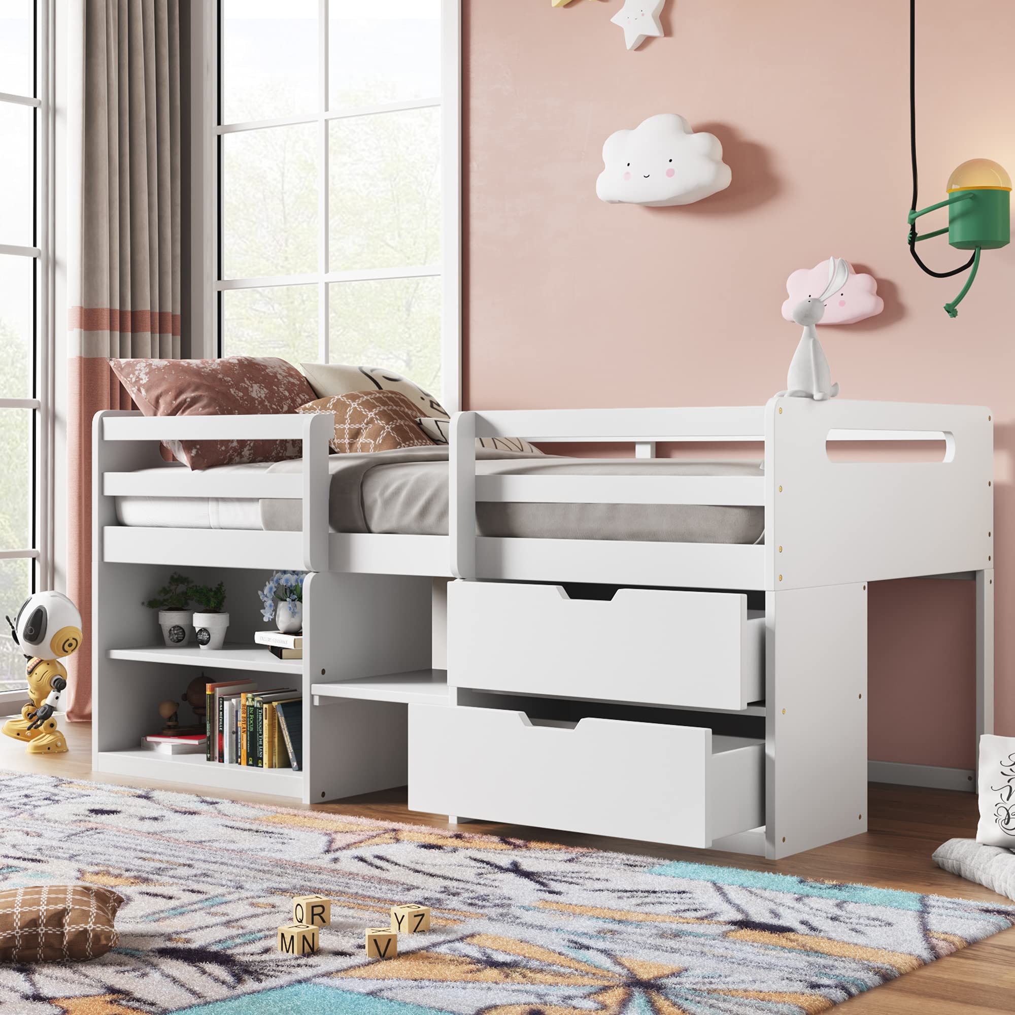 Twin Size Loft Bed with 2 Shelves & 2 Drawers - Sturdy Bunk Bed for Kids, Teens & Adults | Space-Saving Design with Built-in Ladder | Perfect for Small Bedrooms, Dorms & Apartments