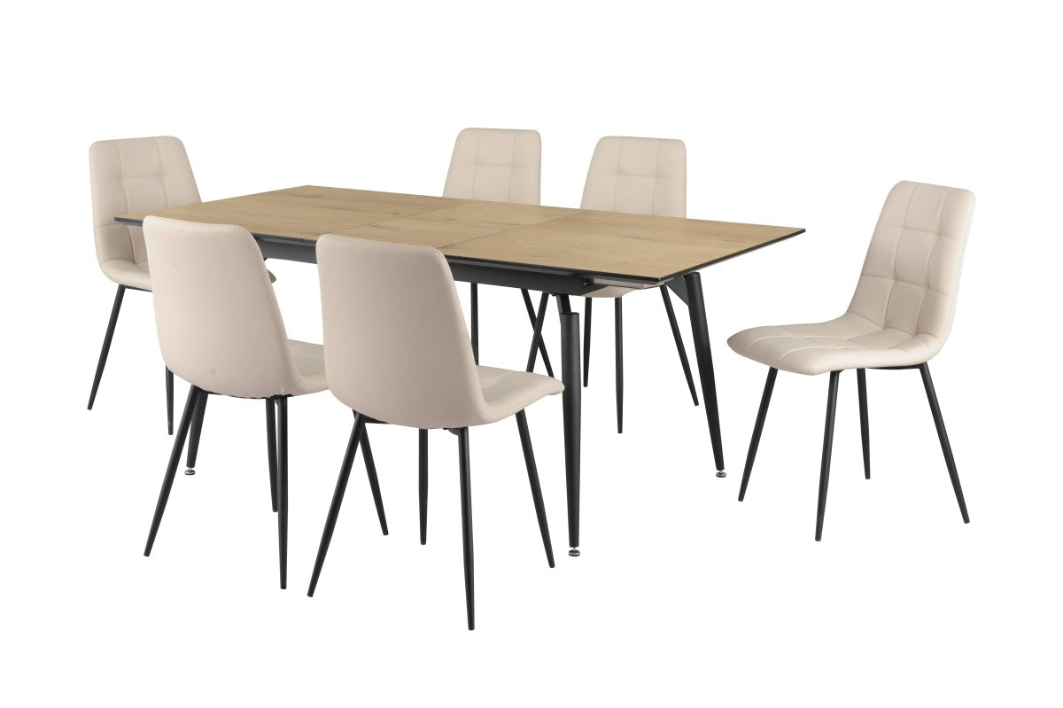 7-Piece Oak Dining Set with Beige Upholstery - Perfect for Family Meals & Entertaining Guests