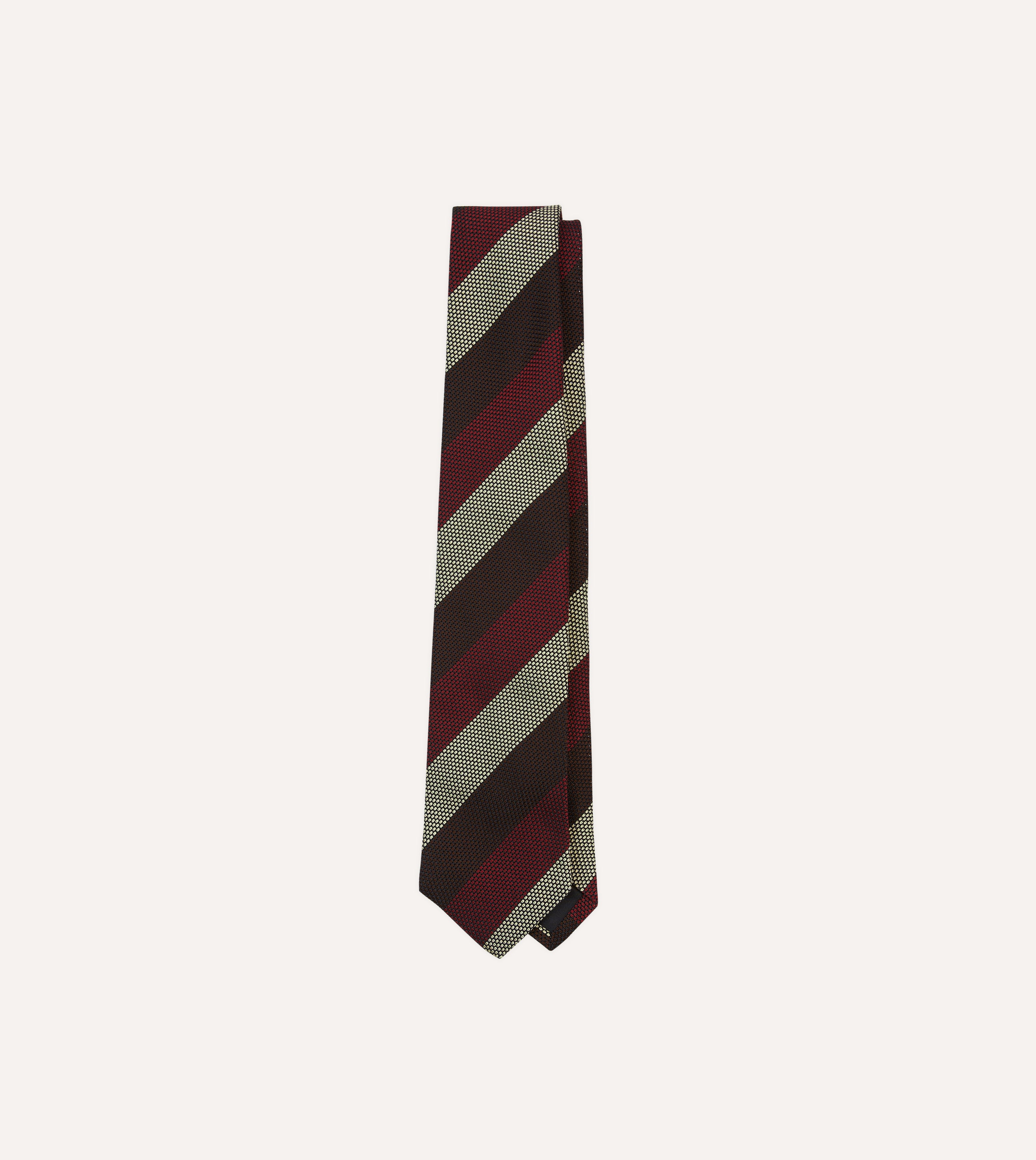 Hand Rolled Silk Grenadine Tie - Brown, Red & Ecru Block Stripes | Premium Men's Necktie for Business, Weddings & Formal Occasions
