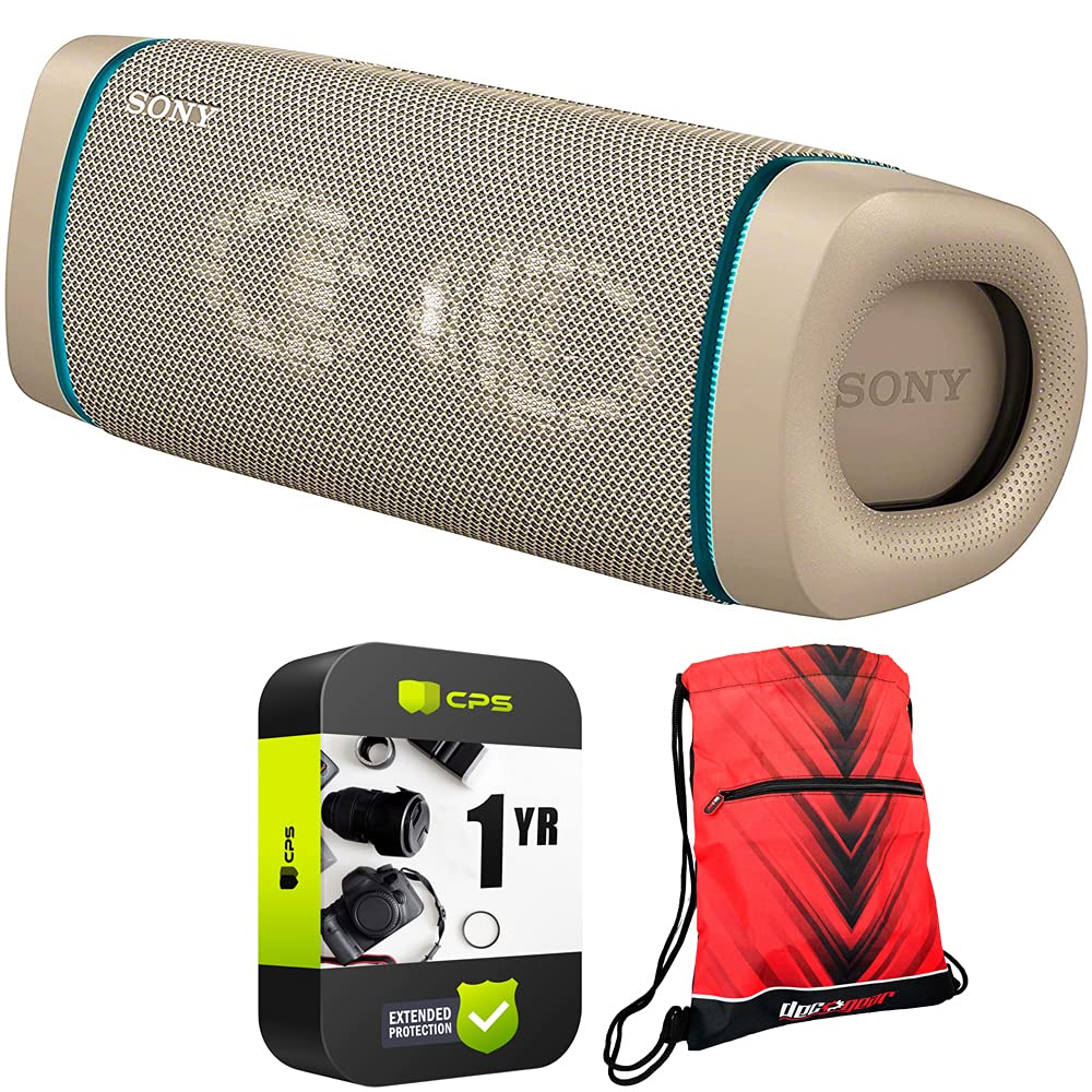 Sony SRS-XB33 Portable Waterproof Bluetooth Speaker with Extra Bass - Taupe | Bundle Includes Deco Essential Drawstring Bag, Cinching Tote, Backpack + 1 Year CPS Protection Pack | Perfect for Outdoor Adventures, Beach Parties & Travel
