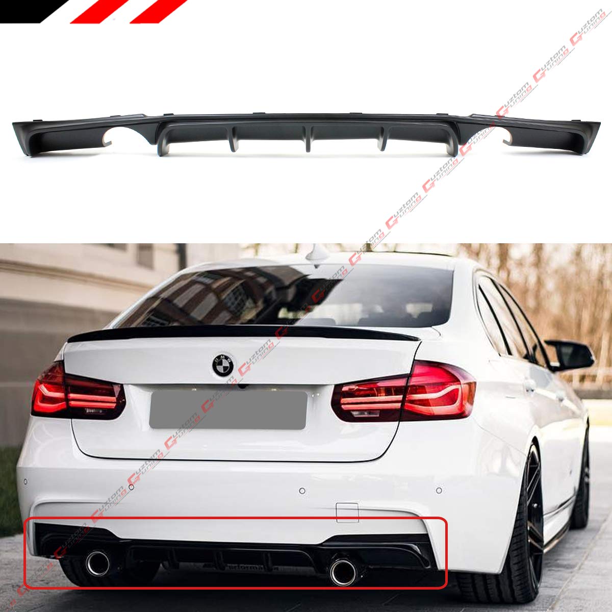 High-Performance Dual Exhaust Black Rear Bumper Diffuser Valance for 2012-2018 BMW F30 F31 F35 3 Series M Sport - Aggressive Style Upgrade for Enhanced Aerodynamics & Sporty Look