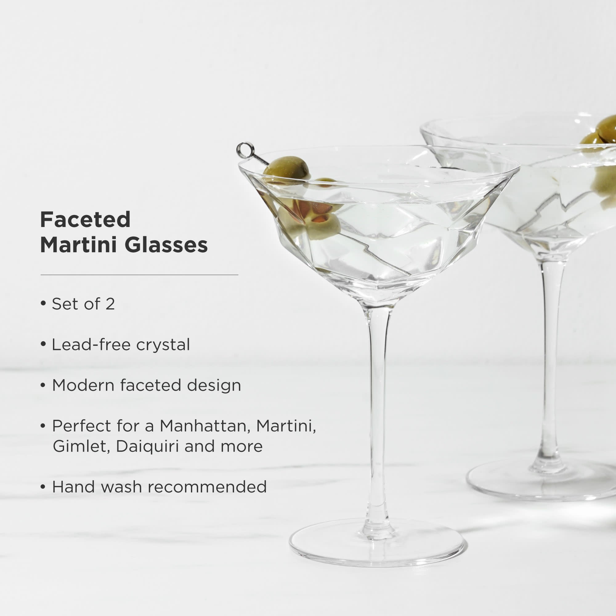 Seneca Faceted Crystal Martini Glasses Set of 2 - Elegant Cocktail Drinking Glasses for Parties, Weddings & Home Bar Decor