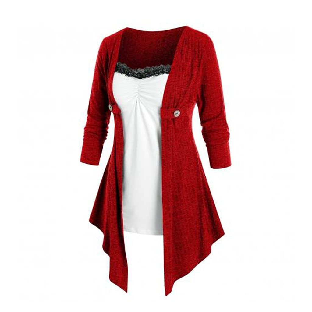 YFQHDD Women's Long Sleeve Patchwork Dress - Autumn Winter Fashion with Irregular Hem & Fake Two-Piece Design (Red, Size XL) | Perfect for Office Wear, Date Nights & Holiday Parties