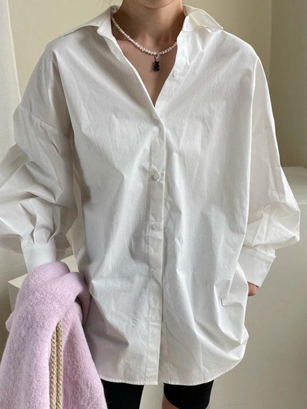 Lovevop Women's Casual Lapel Solid Pleated Balloon Sleeve Lace-Up White Blouse - Elegant Office Wear & Spring Outfit Essential