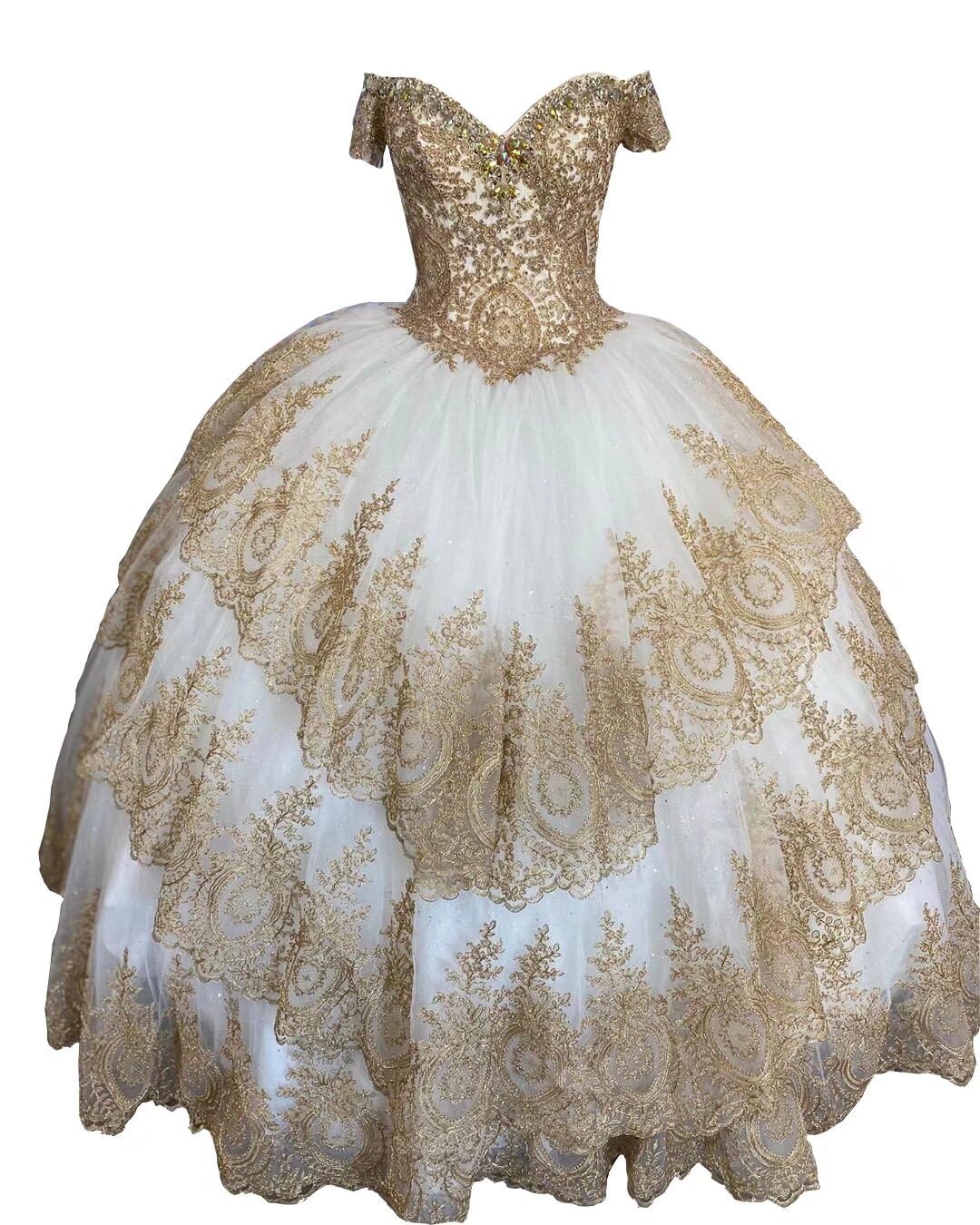 Elegant Gold Applique Three-Layer Ball Gown Skirt - Princess Prom & Quinceañera Dress for Women Plus Size 2025 | Perfect for Formal Dances, Weddings & Special Occasions