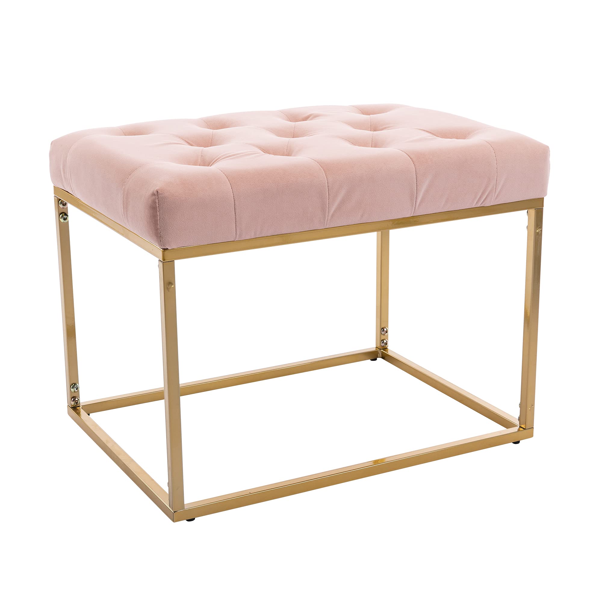 Modern Button Tufted Velvet Ottoman - Vanity Stool, Makeup Chair, Under Desk Stool, Side Table Seat for Bedroom, Living Room & Dressing Area - Soft Pink Velvet Upholstery