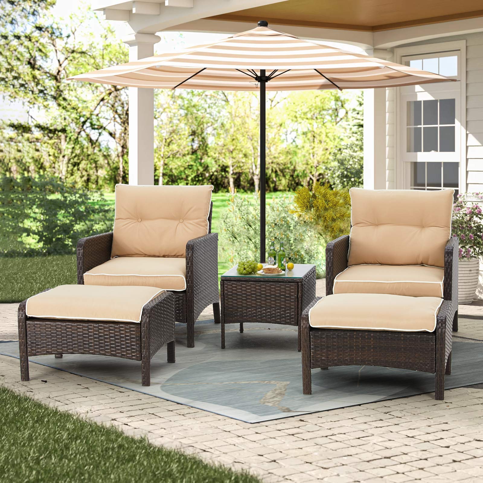 U-MAX 5-Piece Brown PE Rattan Patio Furniture Set with Cushions - 2 Chairs, Ottoman & Coffee Table for Poolside, Balcony, Backyard or Garden Outdoor Relaxation