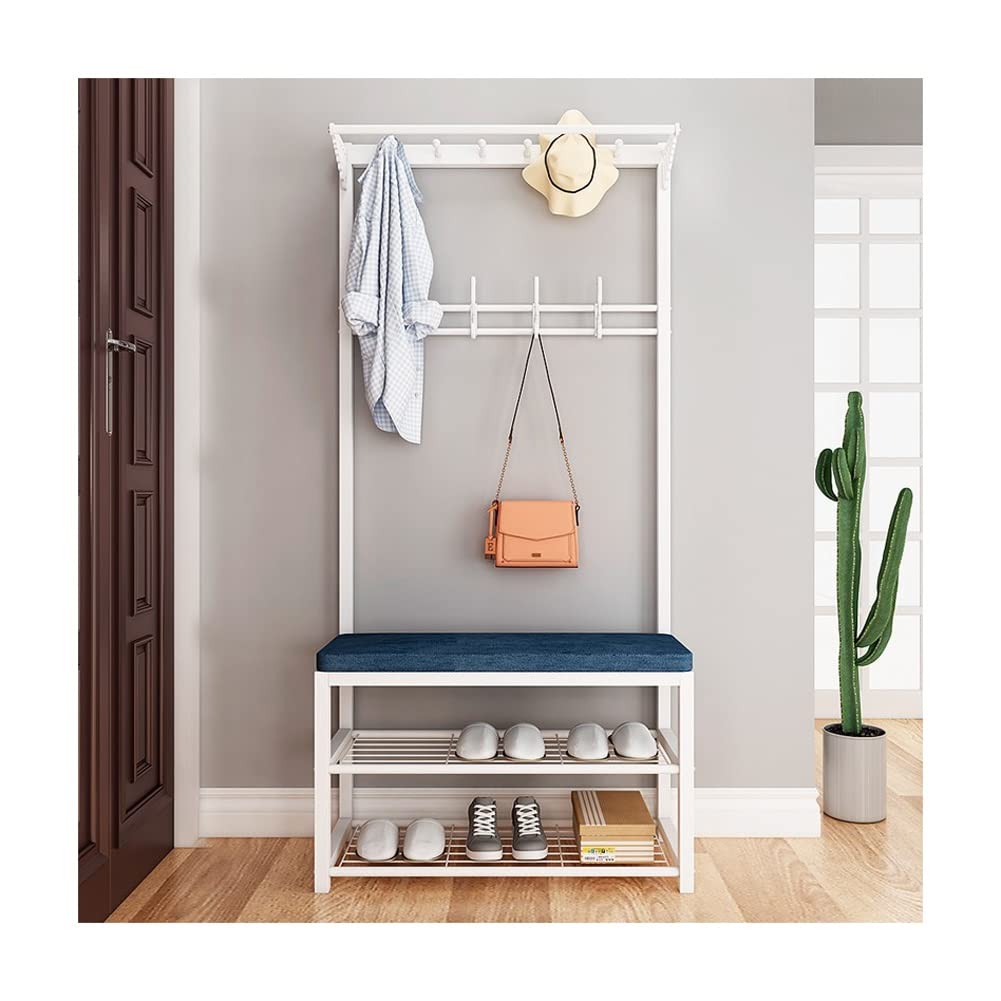 LMZPJ 3-in-1 Hall Tree Coat Rack with Shoe Storage Bench - Entryway Organizer with Metal Frame & Hooks - Industrial Style Furniture for Home & Office (White, 60x33x170cm) - Perfect for Small Spaces, Mudrooms & Apartment Entryways