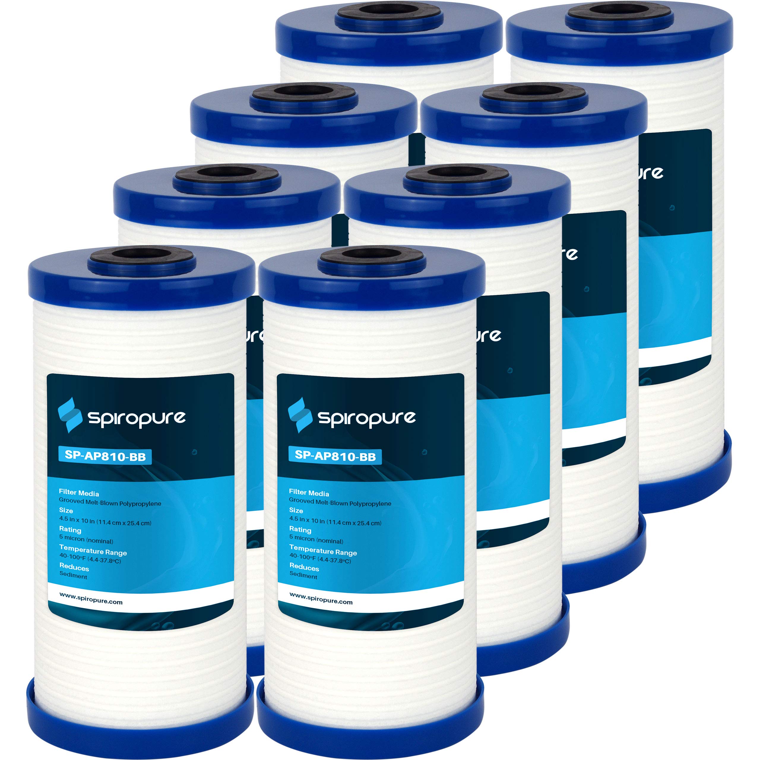 SpiroPure SP-AP810-BB 10x4.5 Inch 5 Micron Grooved Melt-Blown Polypropylene Sediment Water Filter Cartridge (8-Pack) - Perfect for Under Sink, Refrigerator & Whole House Water Filtration Systems