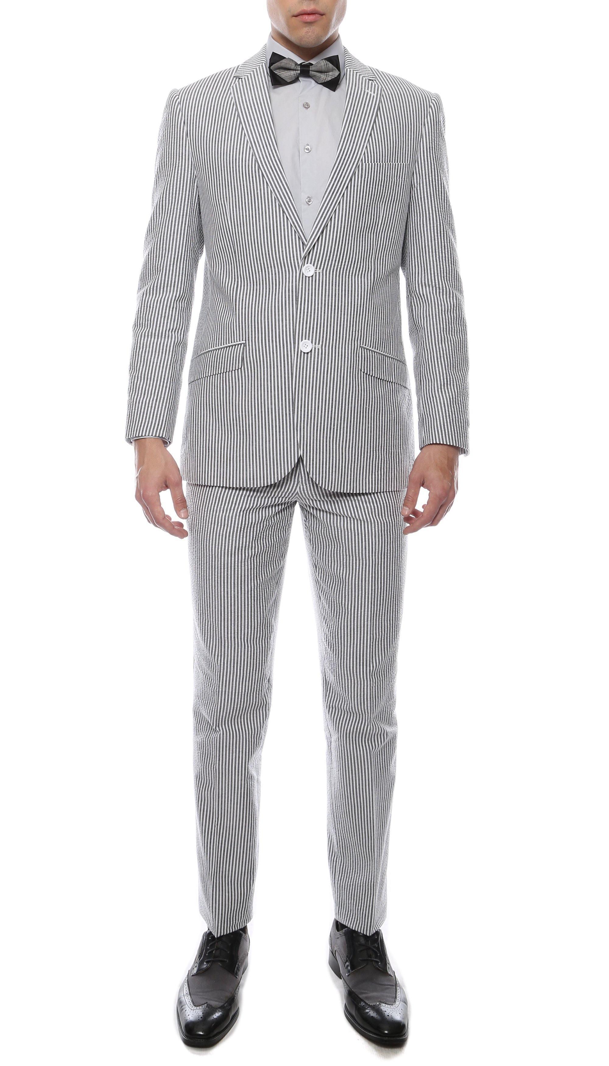 Men's 2-Piece Summer Seersucker Slim Fit Suit - Black Pinstripe | Lightweight Breathable Formal Attire for Weddings, Business Meetings & Summer Events