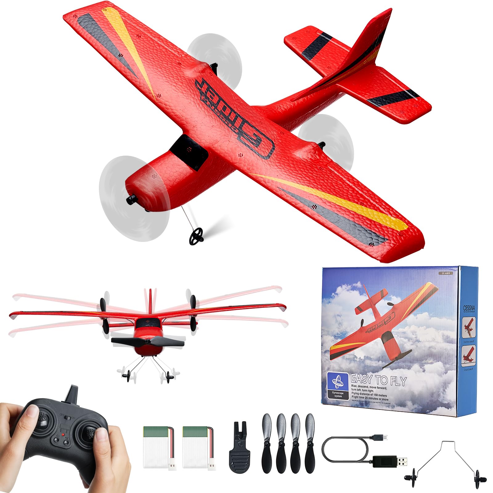 VEVOR 2.4GHz 2CH RC Airplane with 6-Axis Gyro Stabilizer - Ready to Fly Remote Control Glider with 2 Batteries - Best RC Plane Toy for Adults & Kids Beginners - Perfect Birthday & Christmas Gift for Outdoor Flying Fun