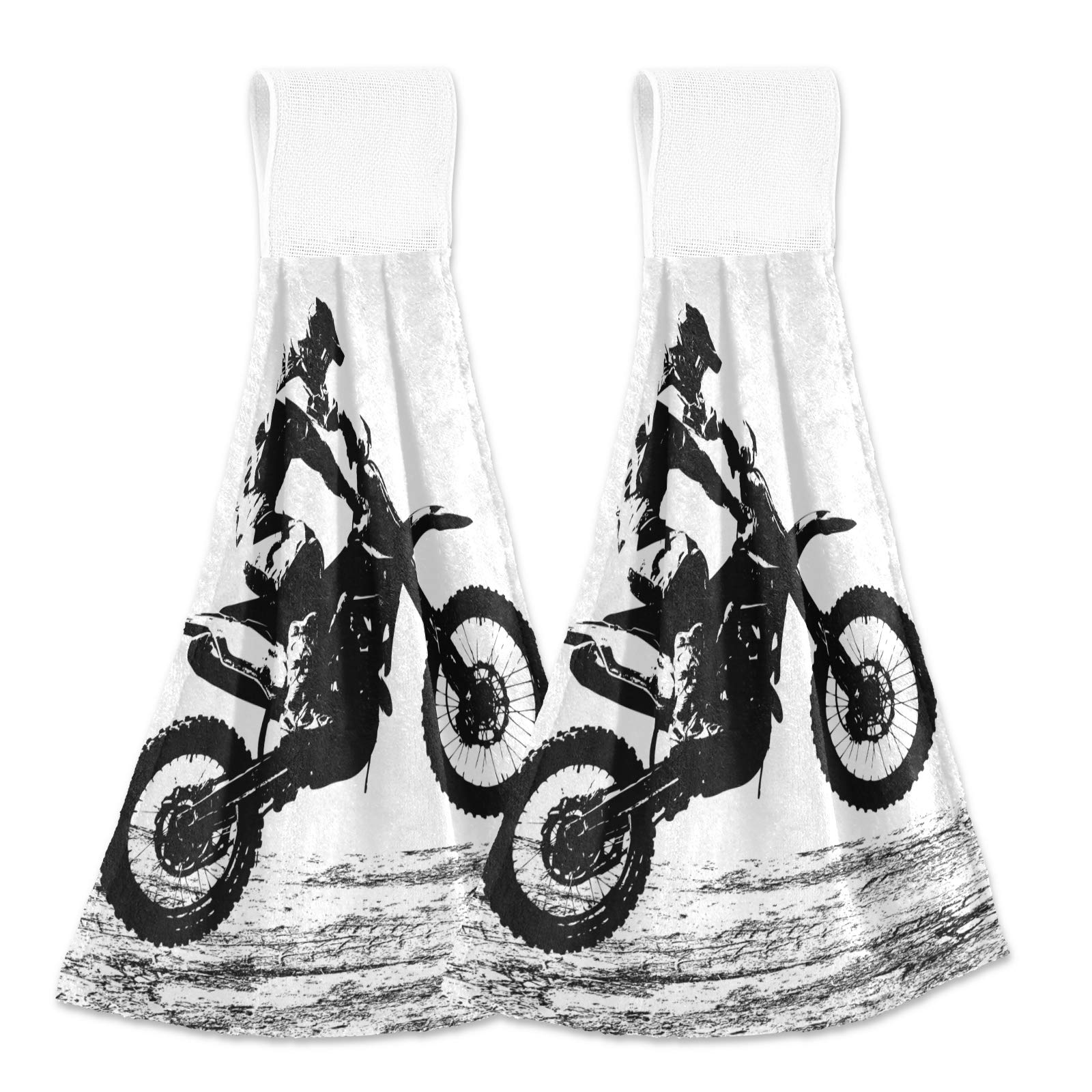 Blueangle 2 Pcs Motocross Rider Kitchen Hand Towels - Absorbent Coral Velvet Hanging Towels for Kitchen, Bathroom, and Outdoor Adventures